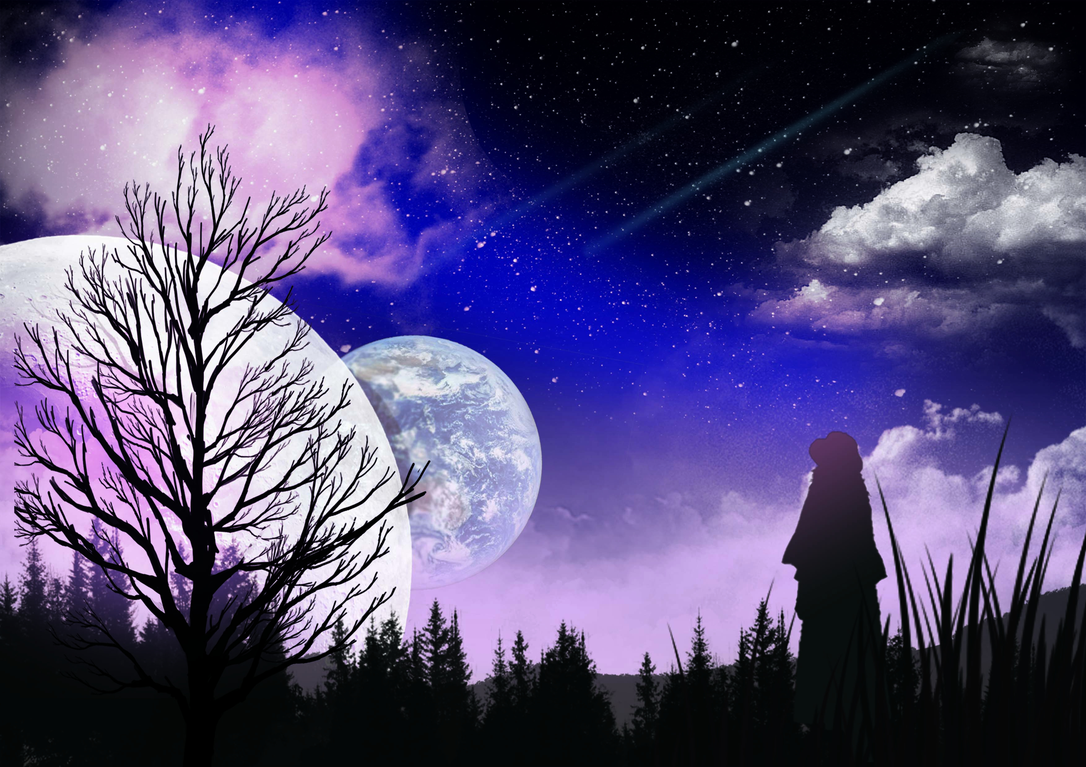anime night sky with full moon