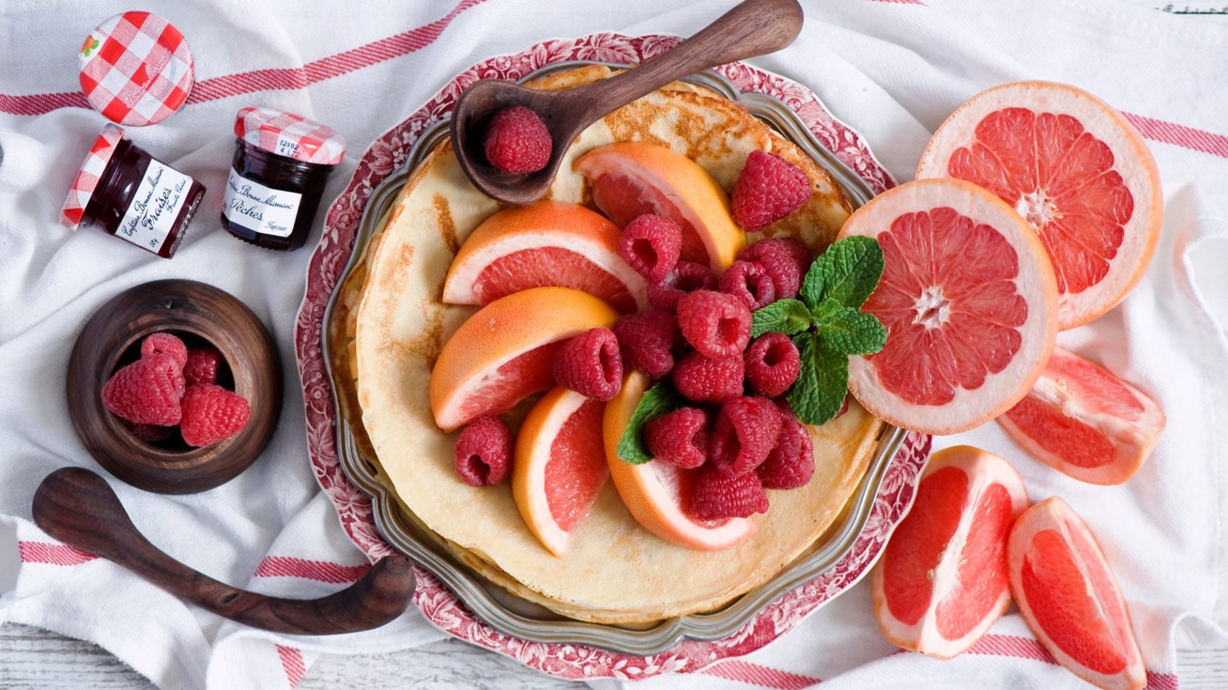food, pancake, breakfast, grapefruit, jam, raspberry Phone Background