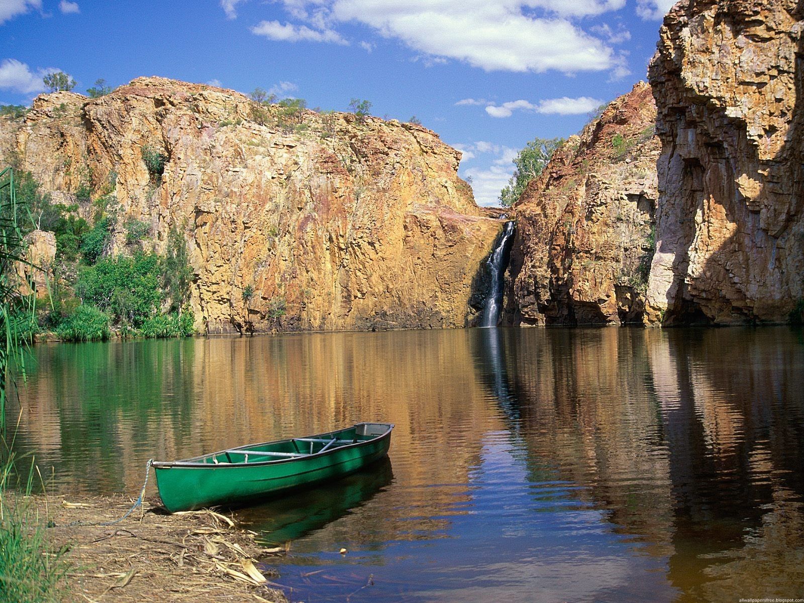 nature, rocks, lake, shore, bank, waterfall, boat, australia Desktop home screen Wallpaper