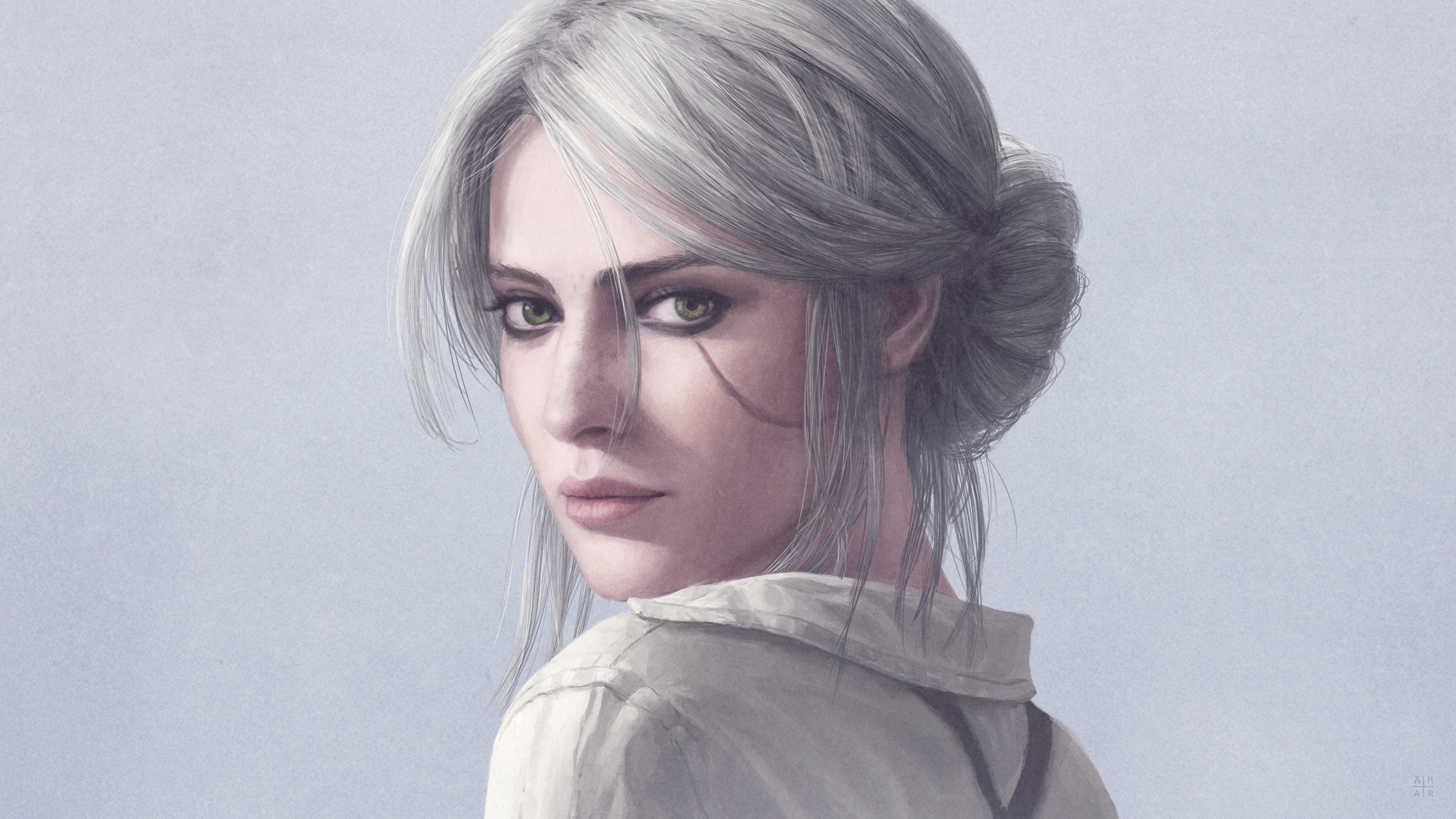 face, green eyes, ciri (the witcher), the witcher, video game, the witcher 3: wild hunt, scar, white hair HD wallpaper