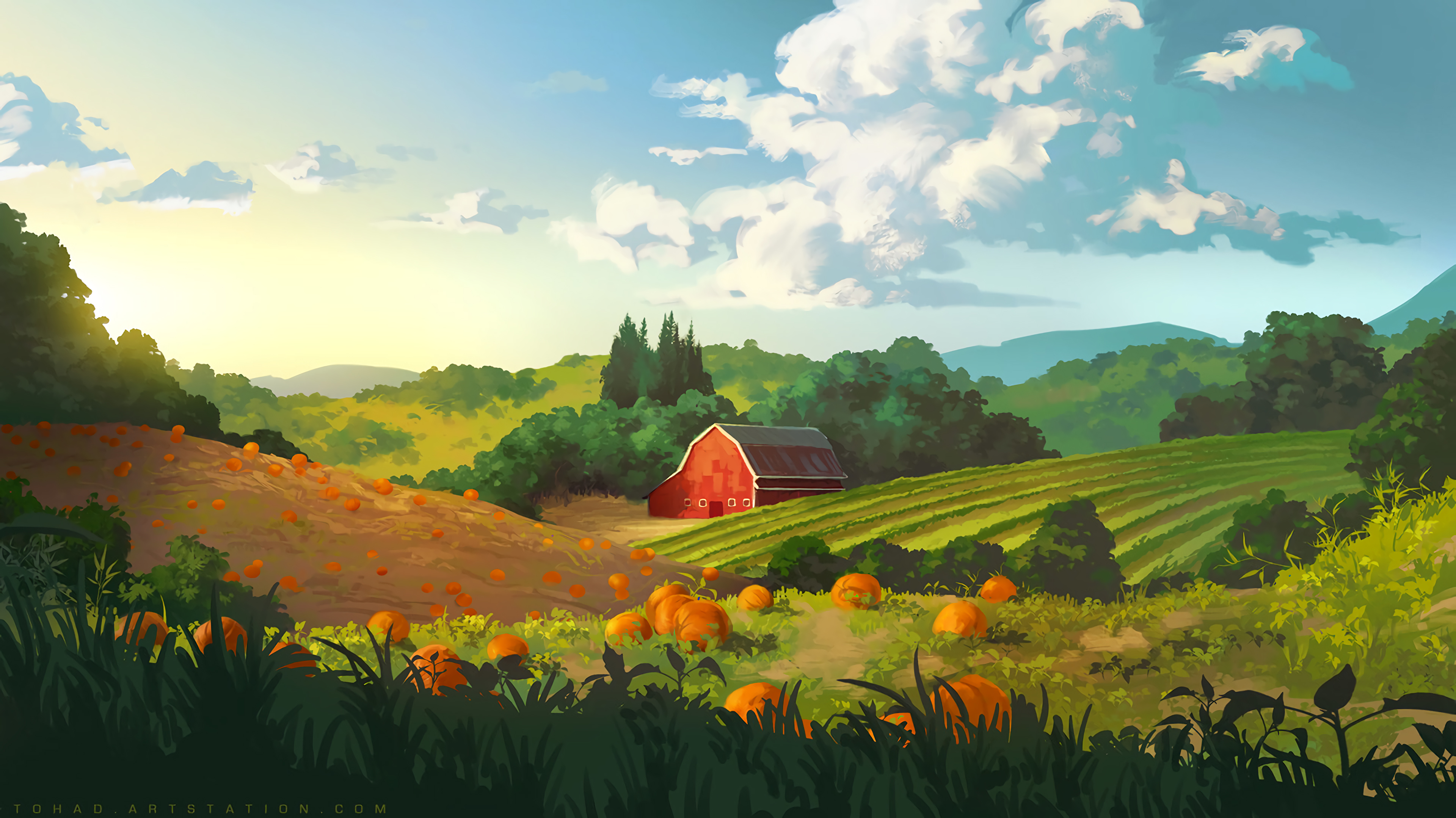 Free download wallpaper Building, Hills, Field, Art, Pumpkin on your PC desktop