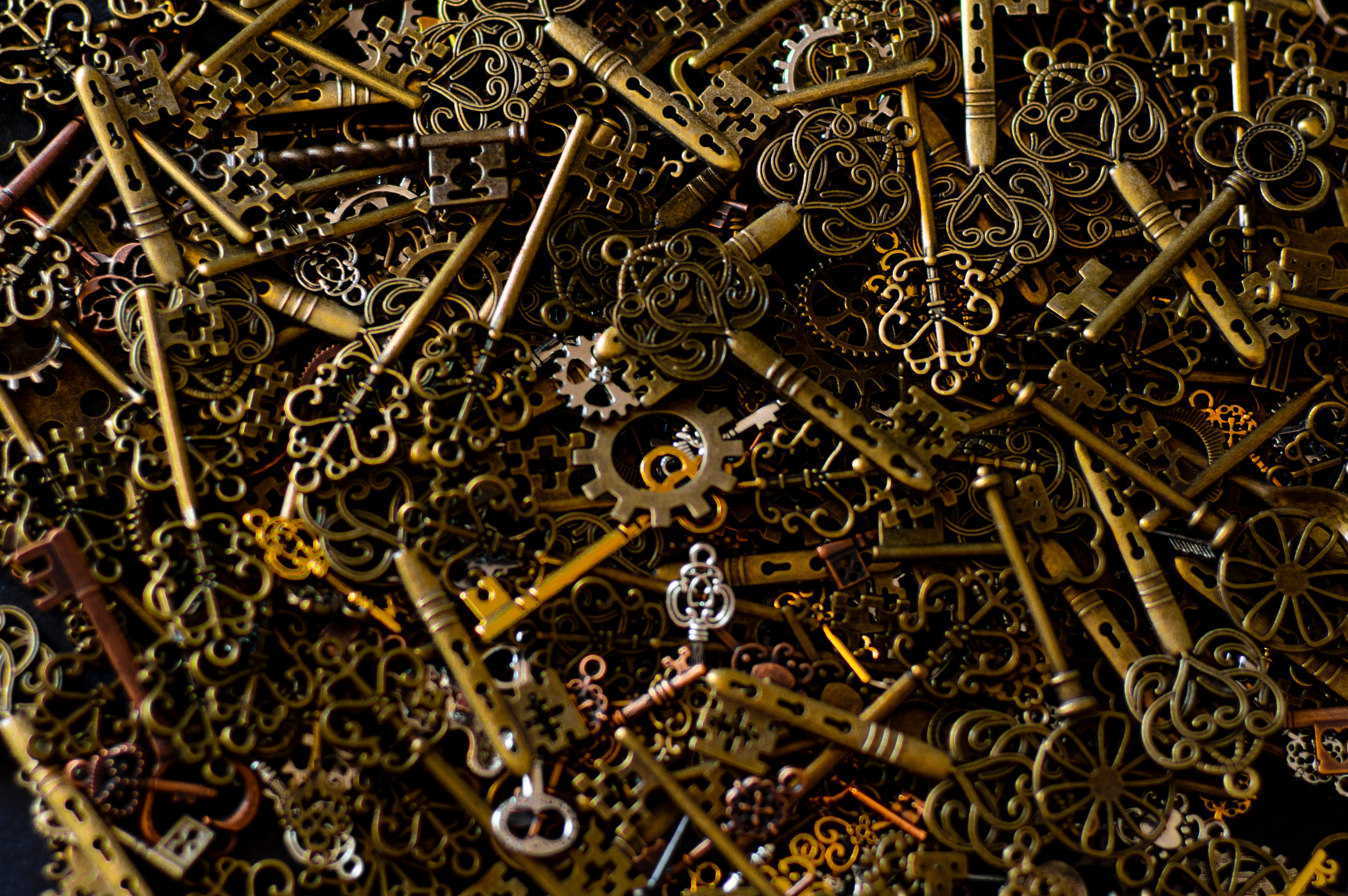 miscellaneous, metal, miscellanea, metallic, keys, cogwheels, gear