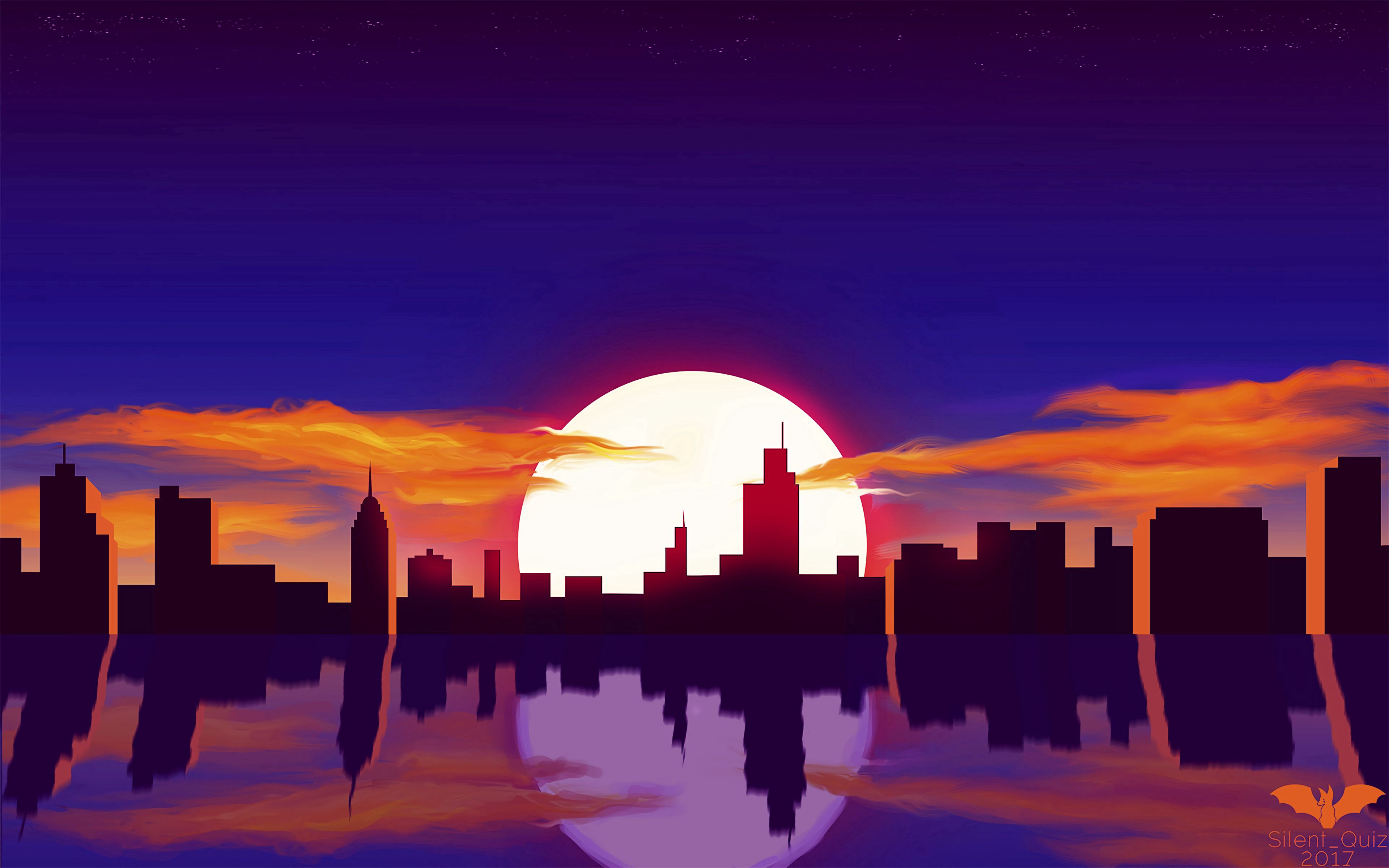 vector, art, sunset, sun, city, reflection