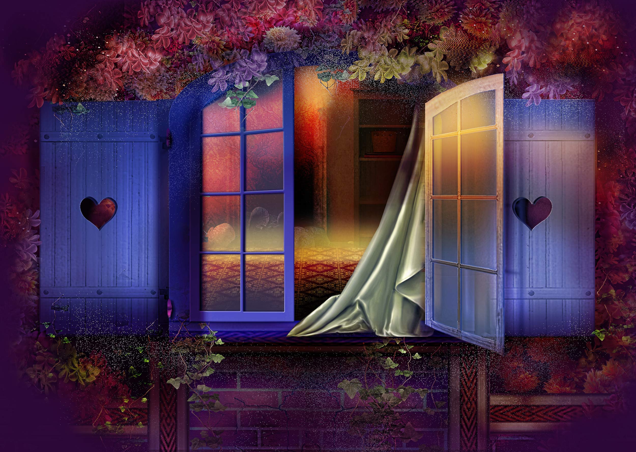 artistic, window, heart, night, shutters, spring, vine Phone Background