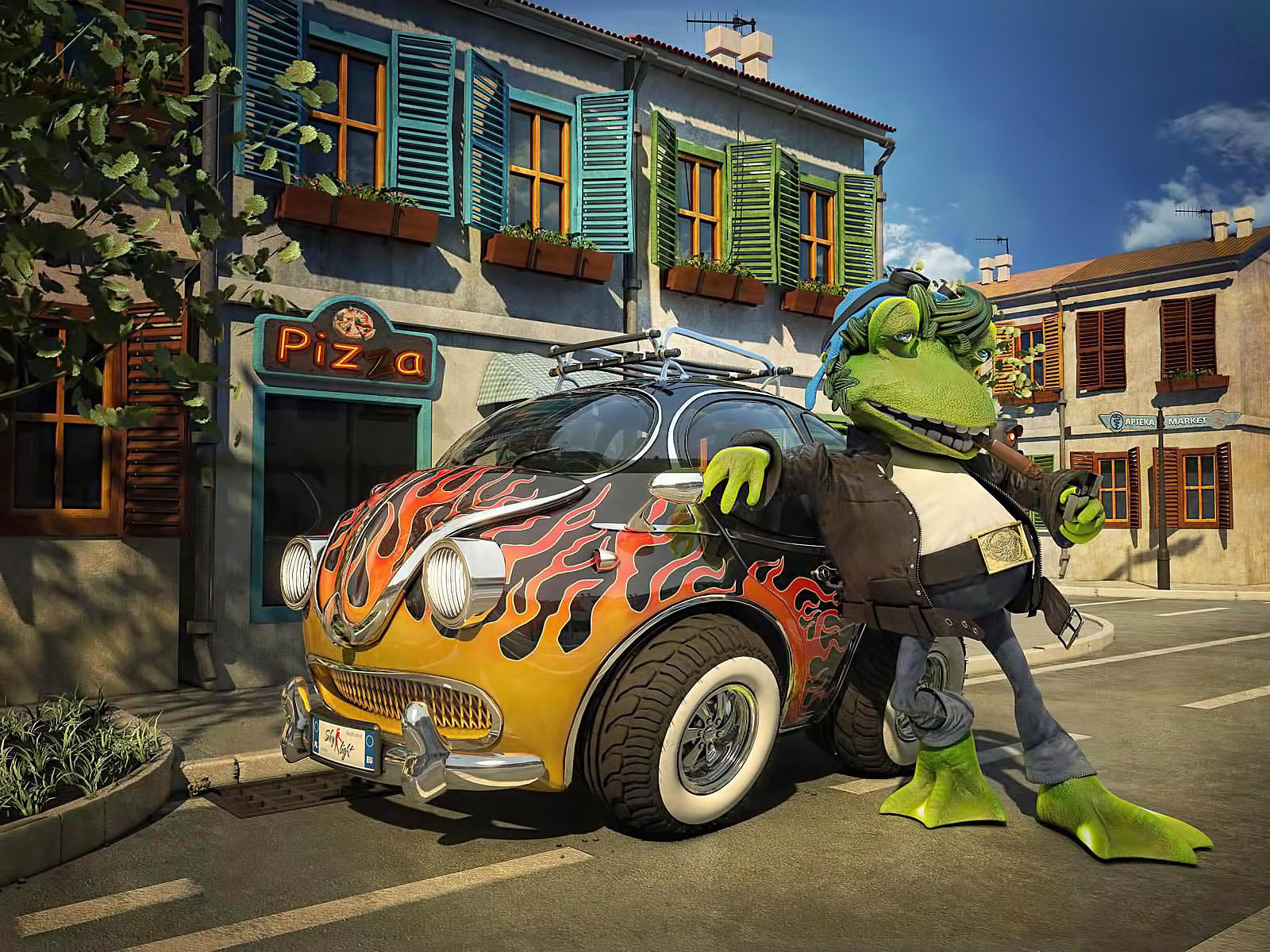 3d, stylish, animation, car, street, frog, steep phone wallpaper