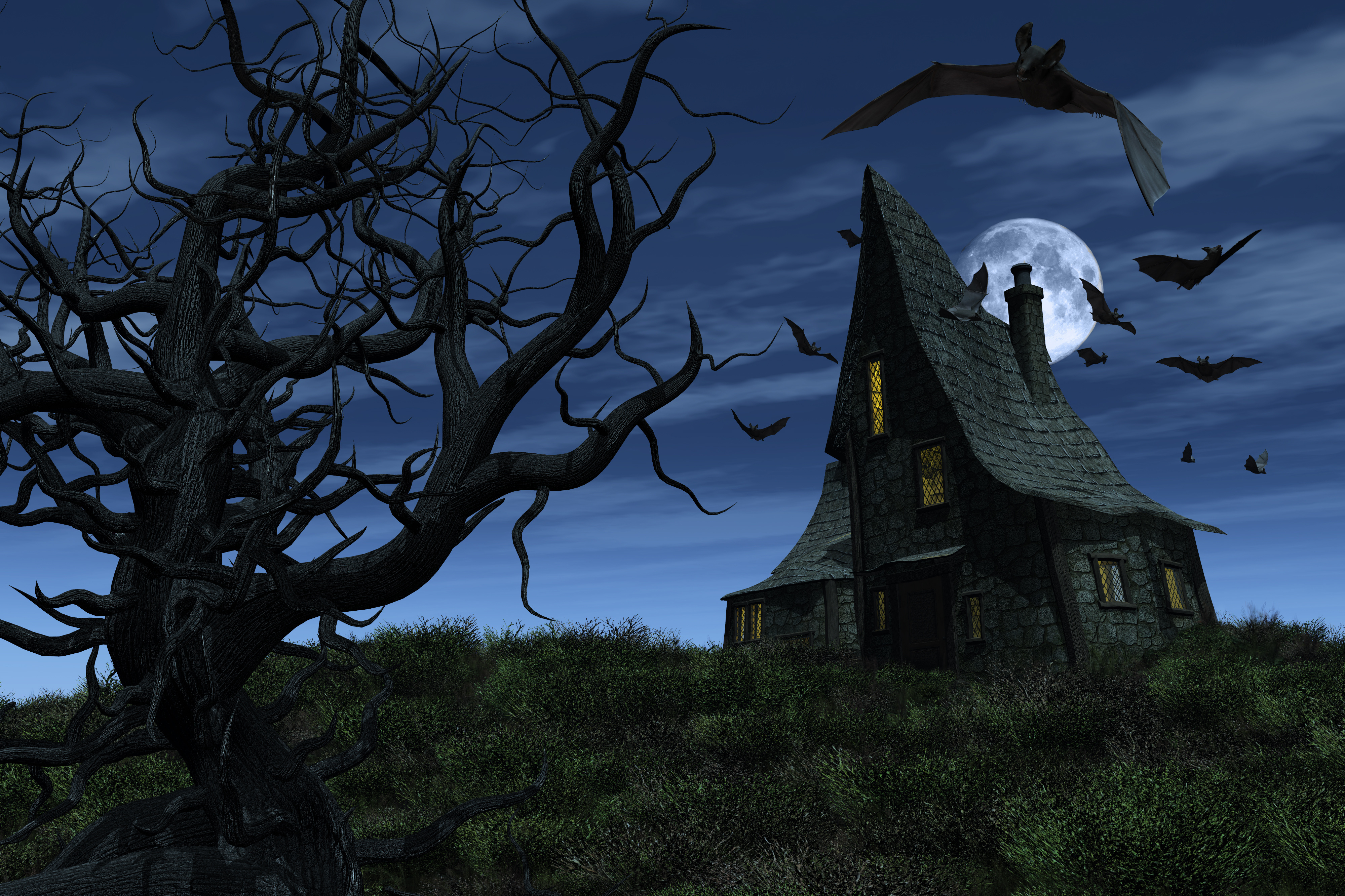 haunted house, dark, house, bat, moon, night, tree
