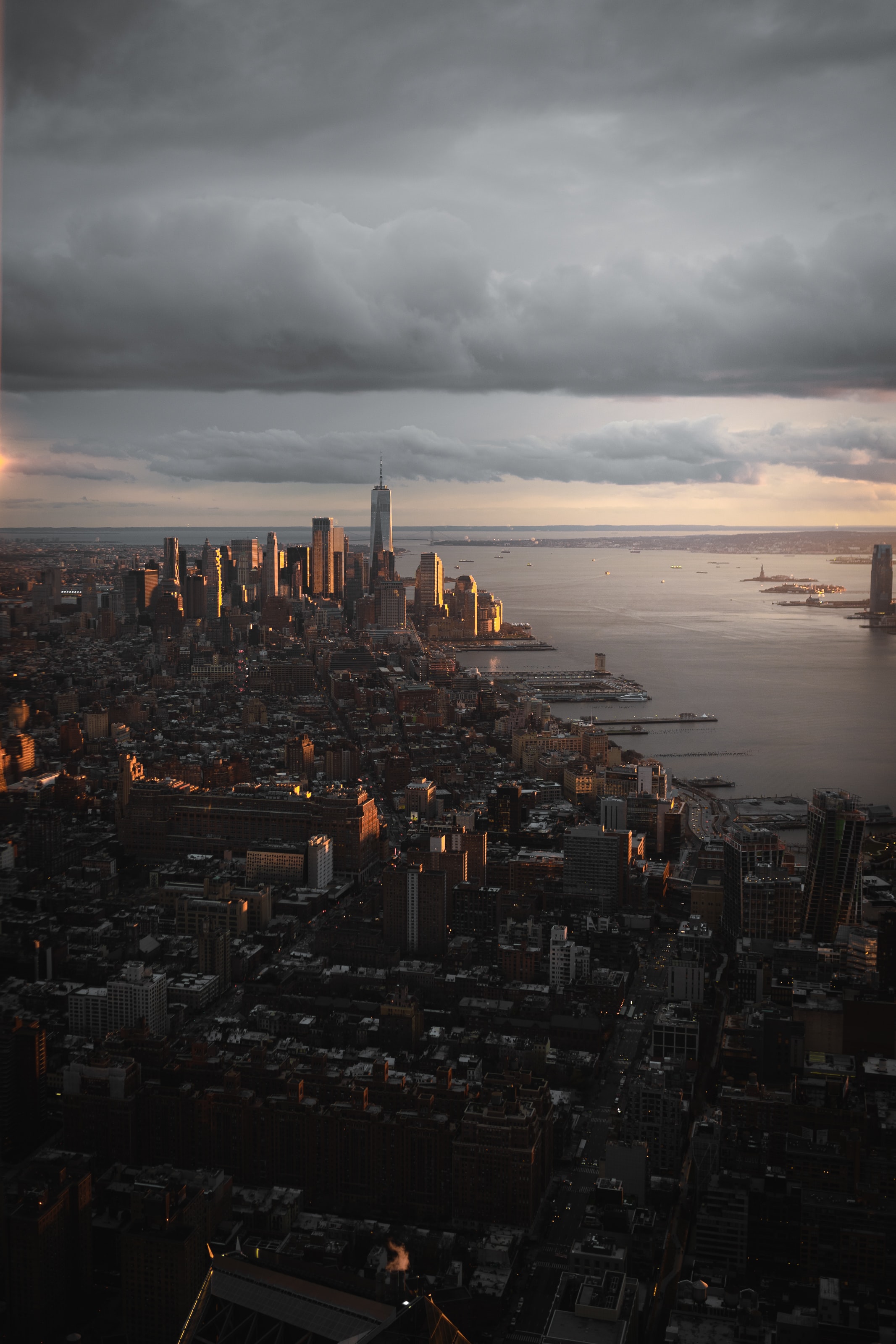 vertical wallpaper dusk, sunset, city, cities, twilight, building, view from above, coast