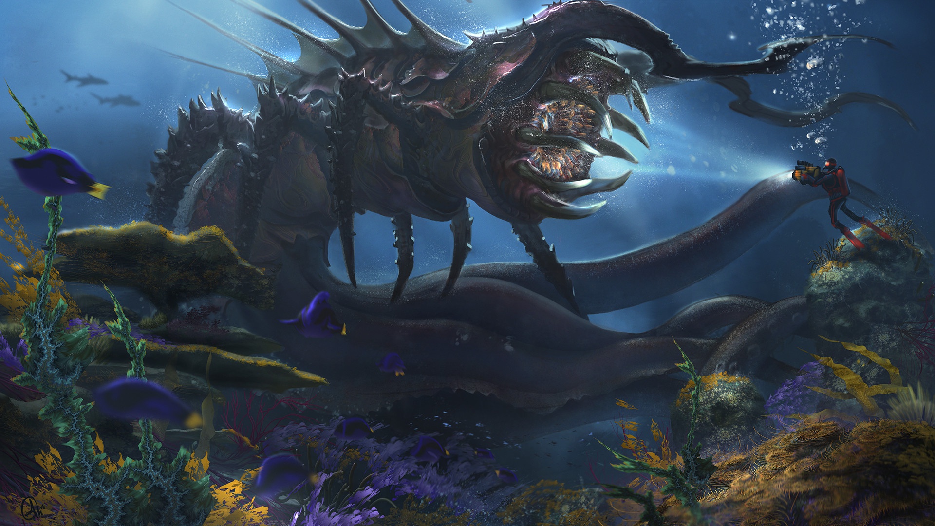 fantasy, sea monster, creature, diving, underwater wallpaper for mobile