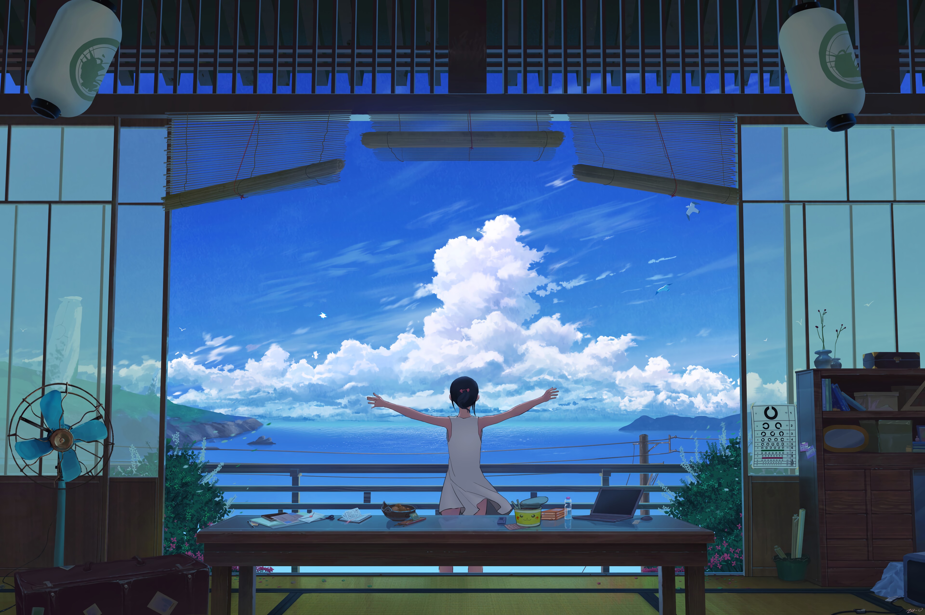 girl, art, sea, clouds, terrace Free Background
