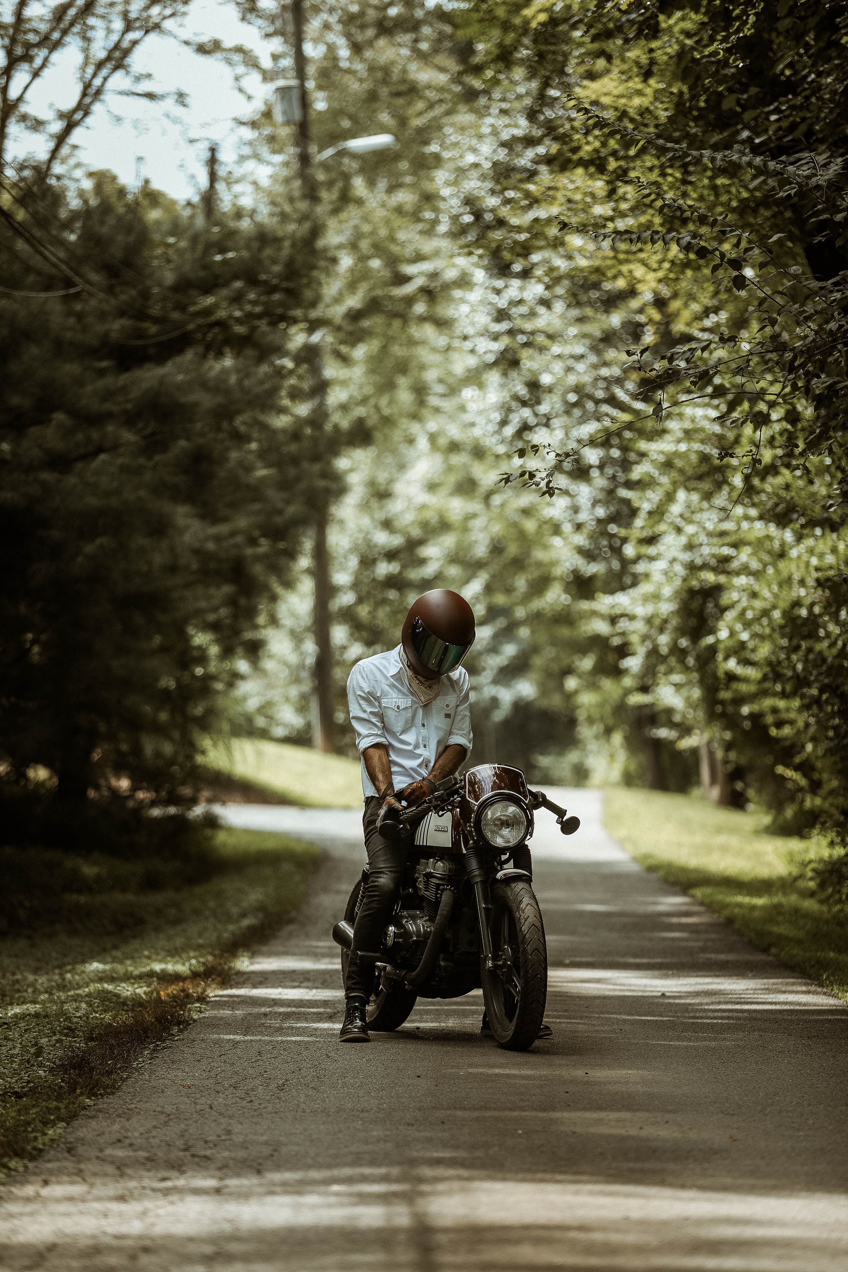 Download mobile wallpaper Road, Summer, Motorcycle, Helmet, Motorcycles, Motorcyclist for free.