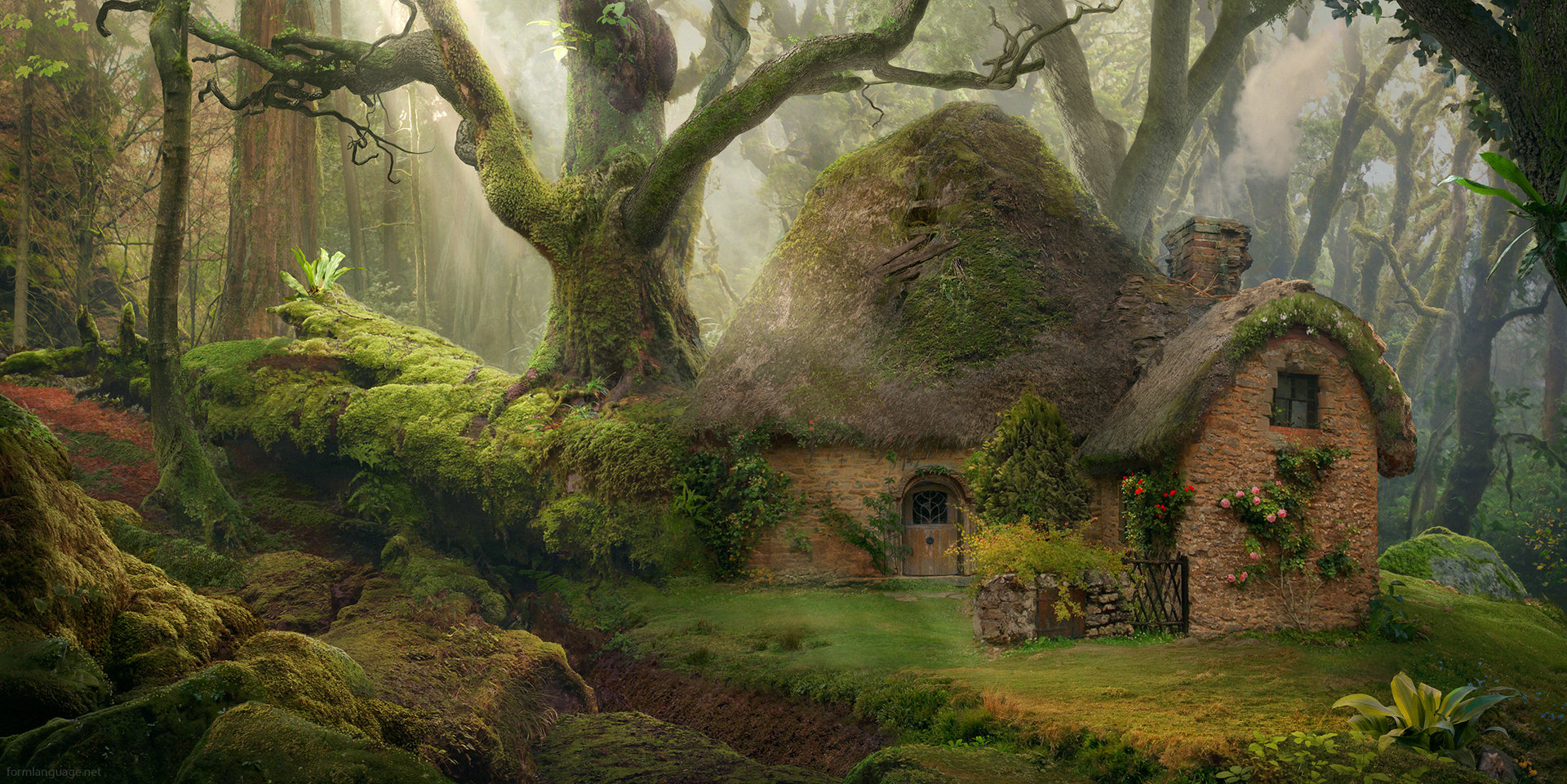 cottage, fantasy, forest, green, house, tree
