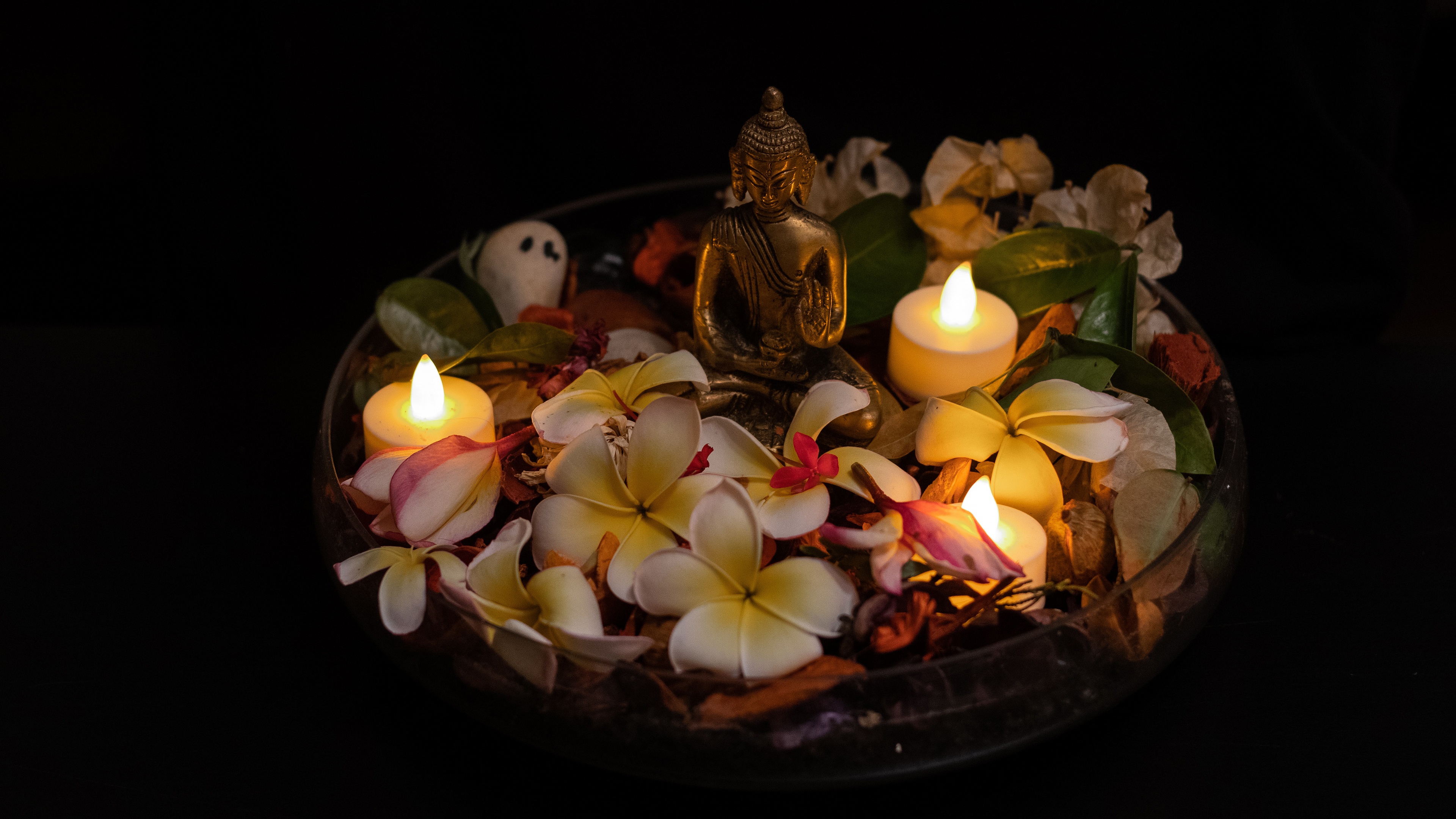 buddha, relax, religious, candle, figurine, flame, flower, petal 8K