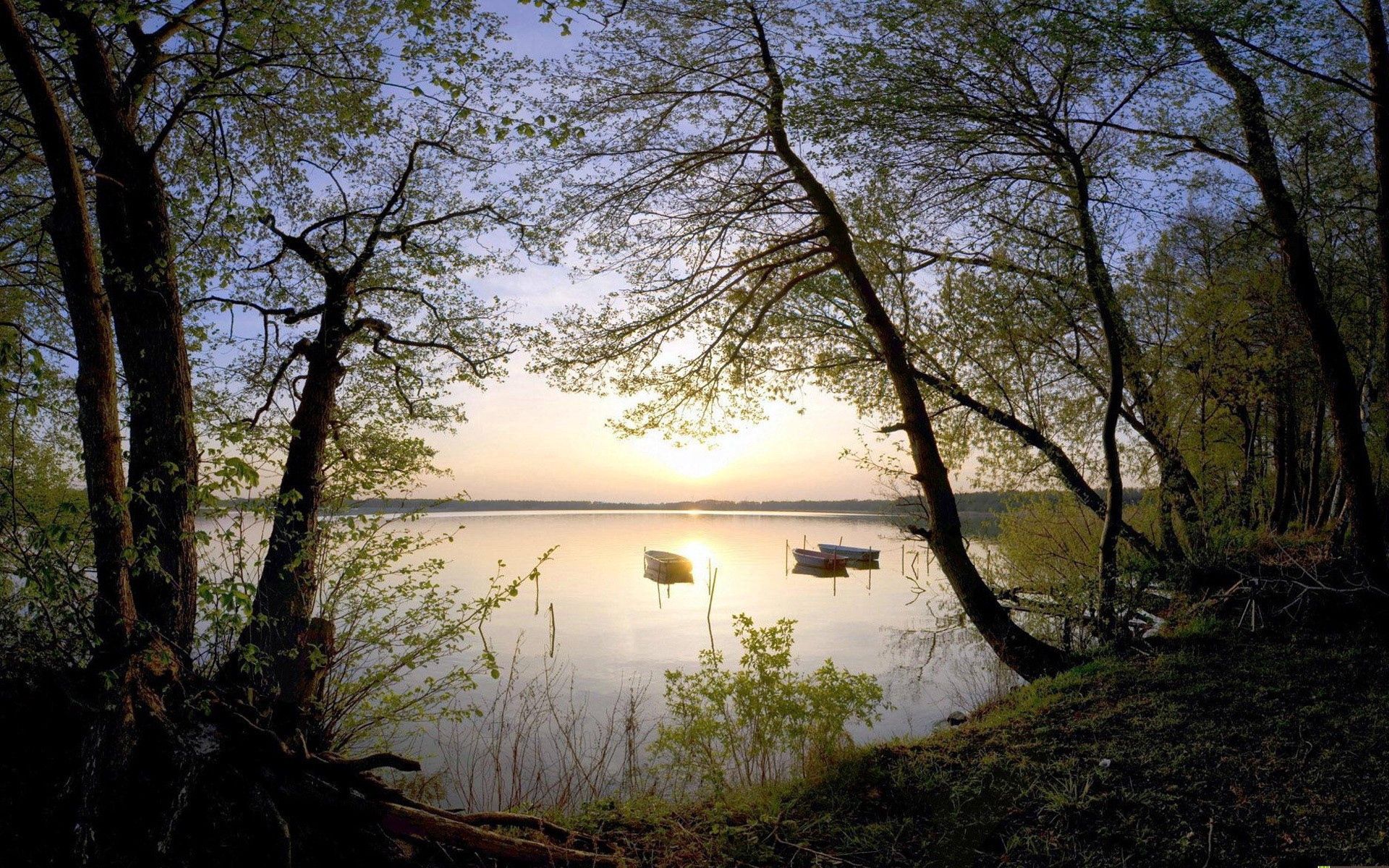 PC Wallpapers nature, sunset, boats, lake, shore, bank, evening, romance, calmness, tranquillity