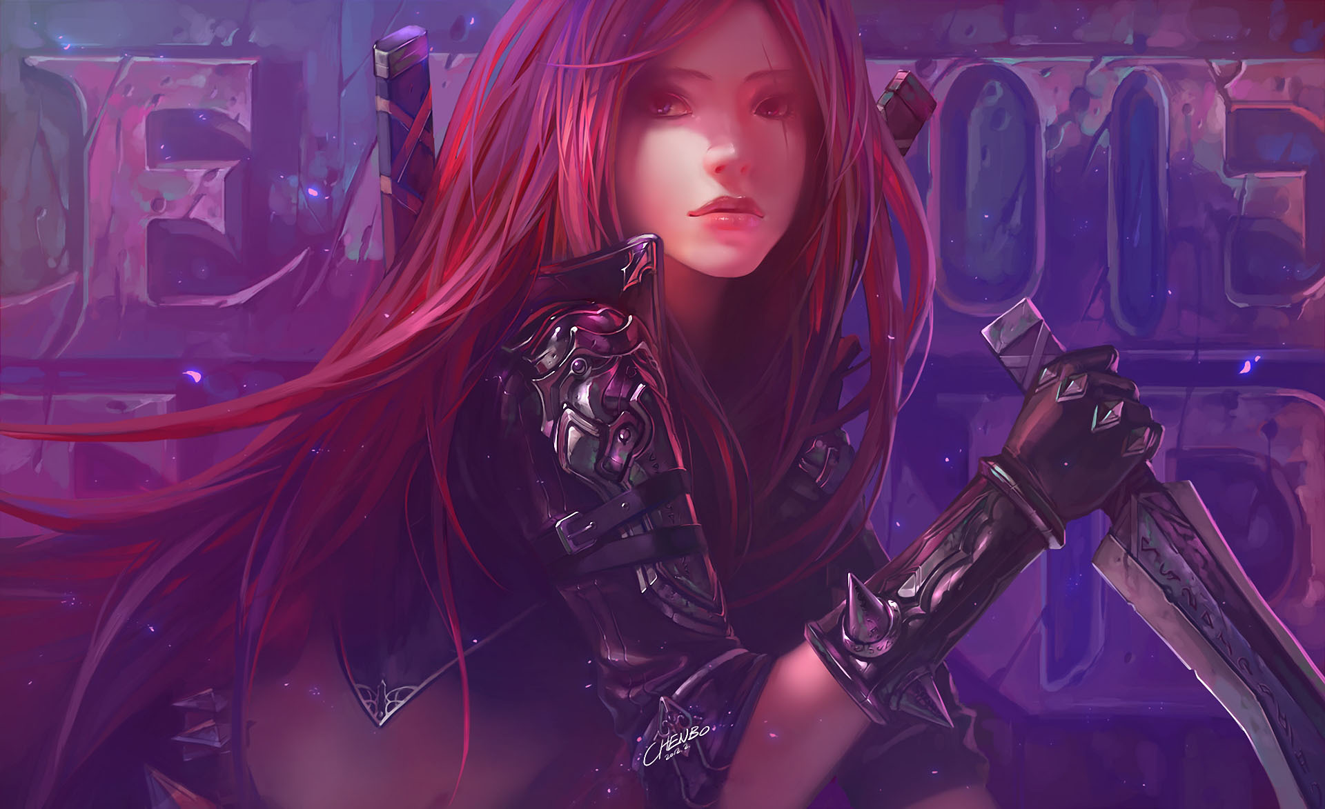 long hair, league of legends, video game, dagger, katarina (league of legends), red hair, scar images