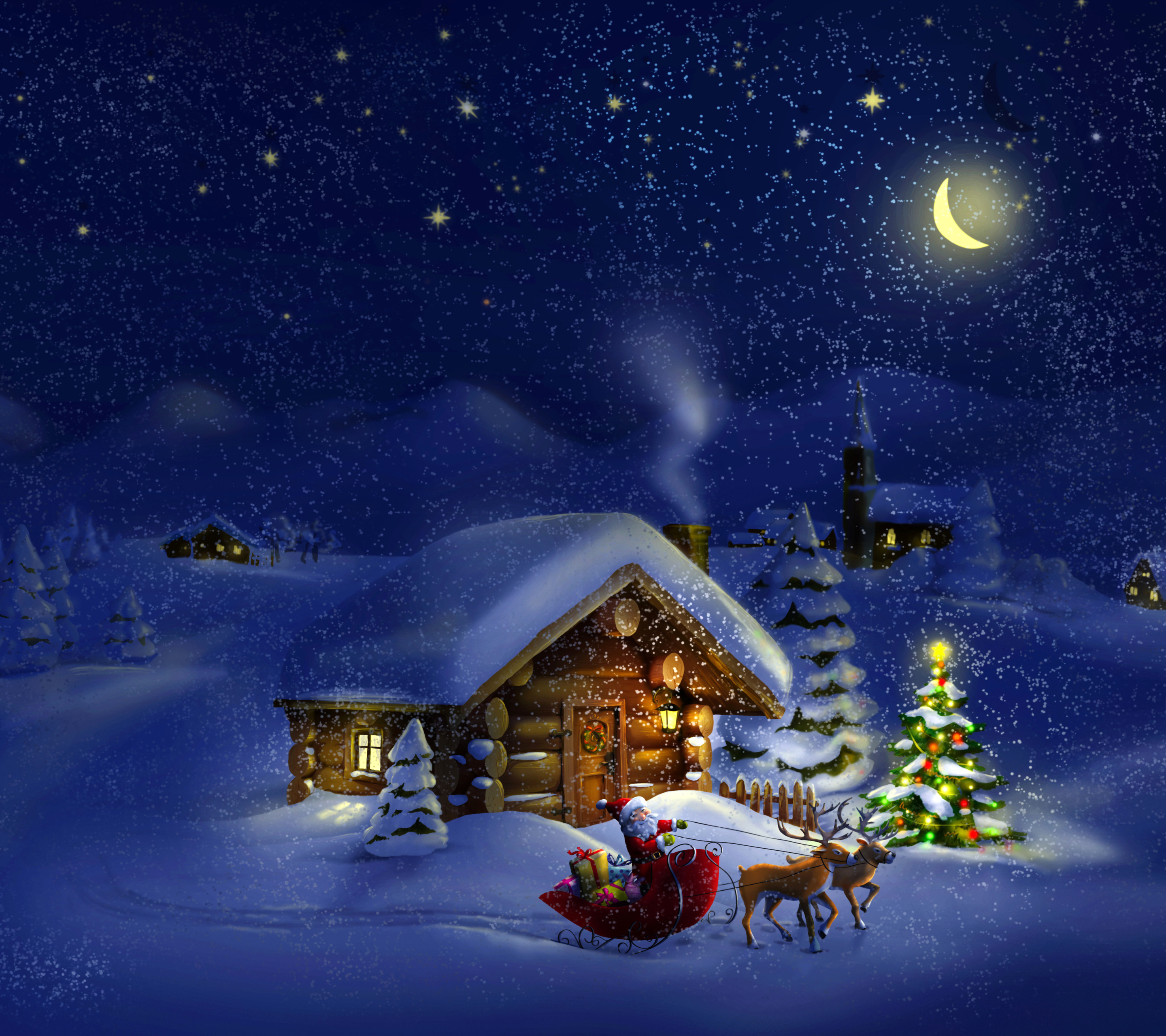 1263330 Bild herunterladen rentier, feiertage, weihnachten, hütte, kabine, weihnachtsbaum, schnee, schneefall, schlitten, weihnachtsmann, nacht - Hintergrundbilder und Bildschirmschoner kostenlos