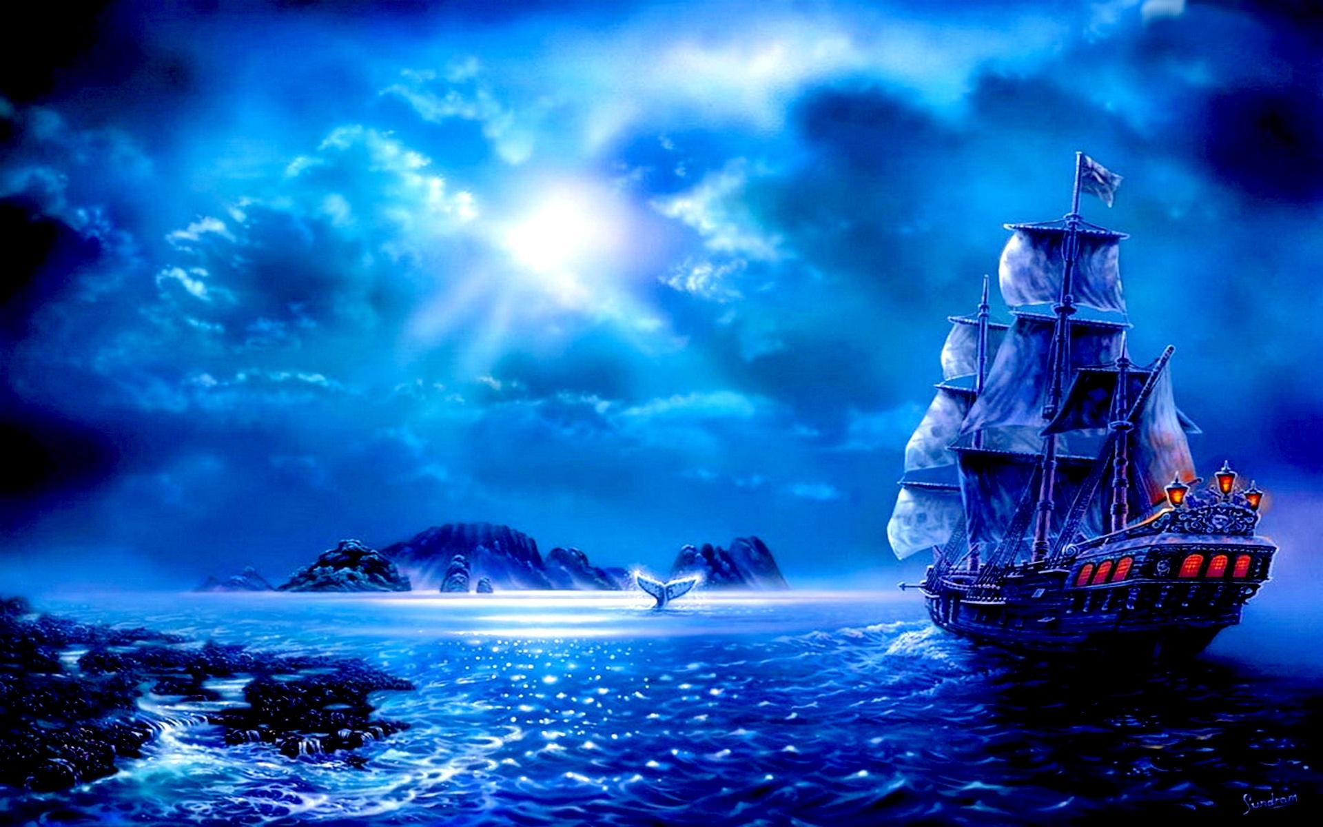 741179 免費下載壁紙 奇幻, 船, 蓝色, 云, 月亮, 海洋, 海盗, 帆船 屏保和圖片