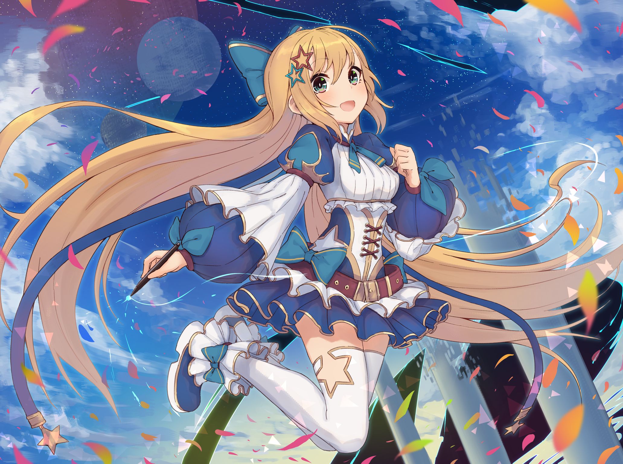 anime, original, blonde, blue eyes, bow (clothing), long hair, pen Panoramic Wallpaper