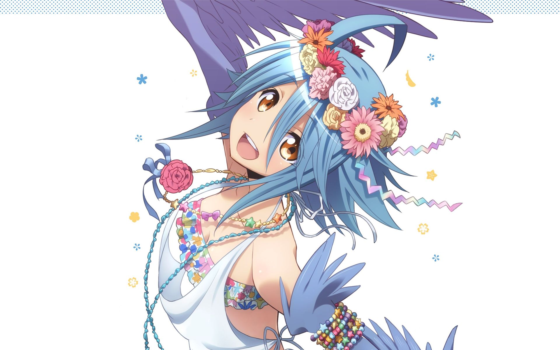 Horizontal Wallpaper anime, monster musume, blue hair, brown eyes, flower, headdress, necklace, papi (monster musume), short hair, wings