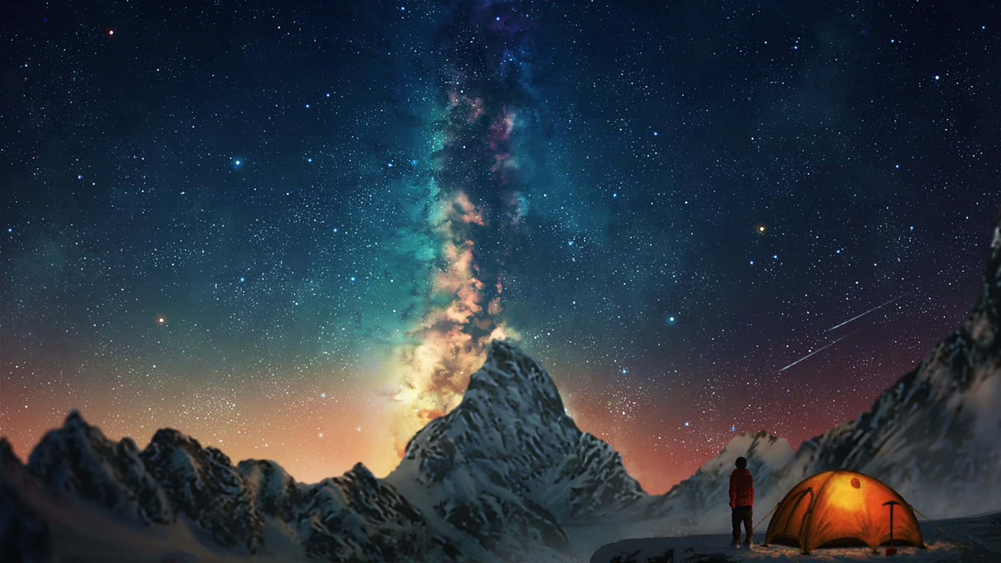 android fantasy, sky, aurora australis, camping, comet, mountain, snow, stars