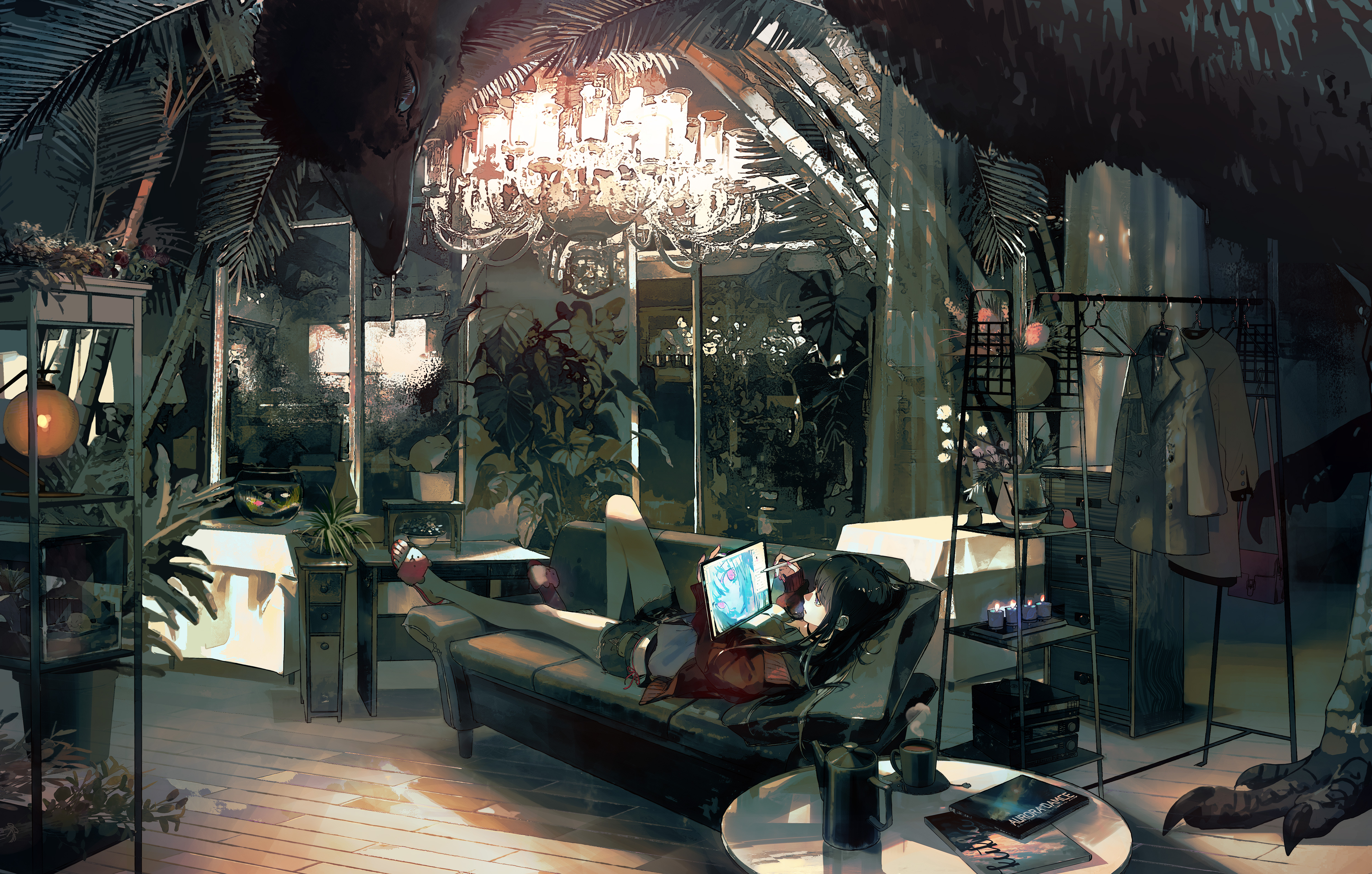 anime, room, bird, black hair, book, chandelier, long hair, plant, tablet