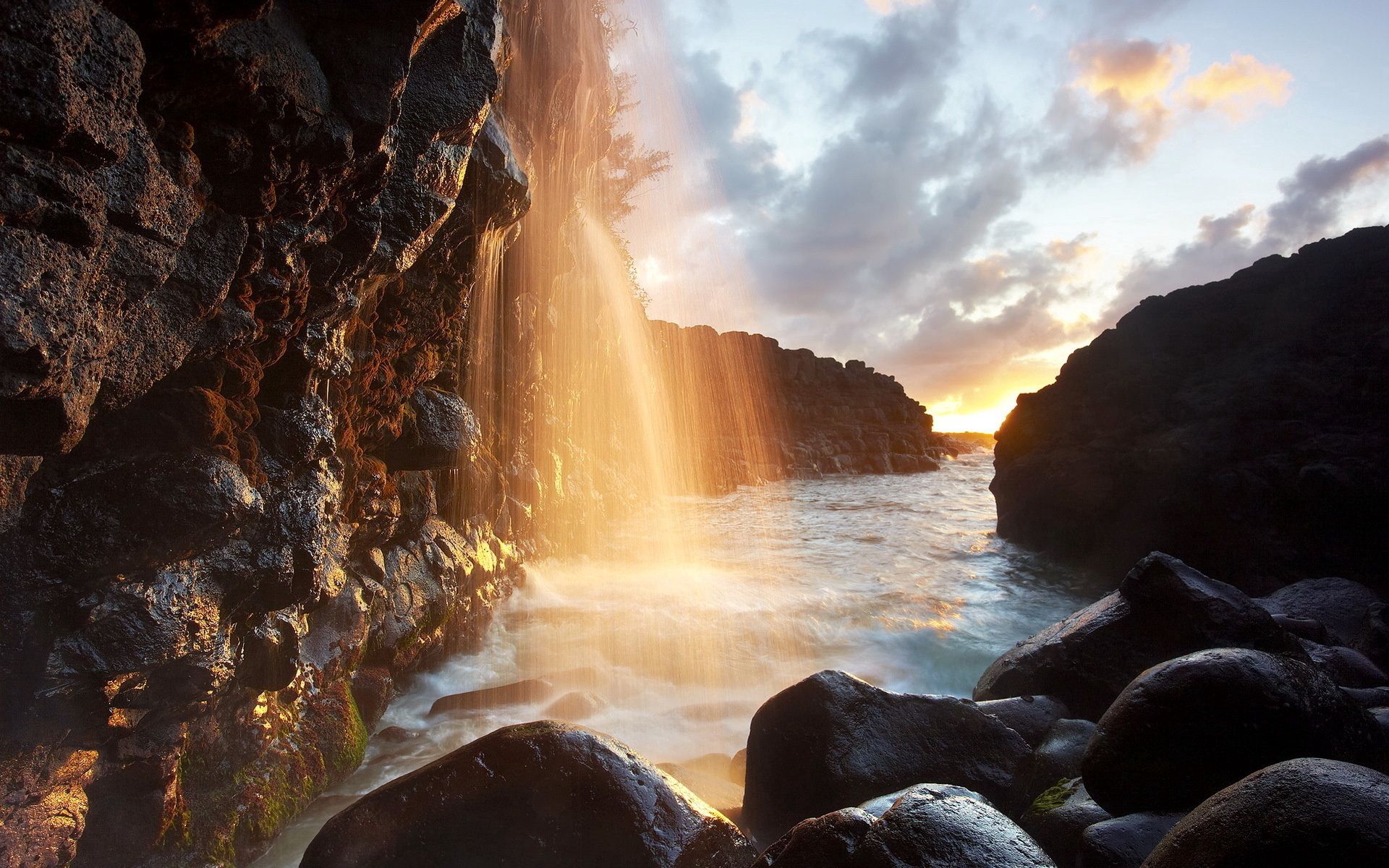 nature, sun, rocks, reflection, shine, light, waterfall, rays, beams
