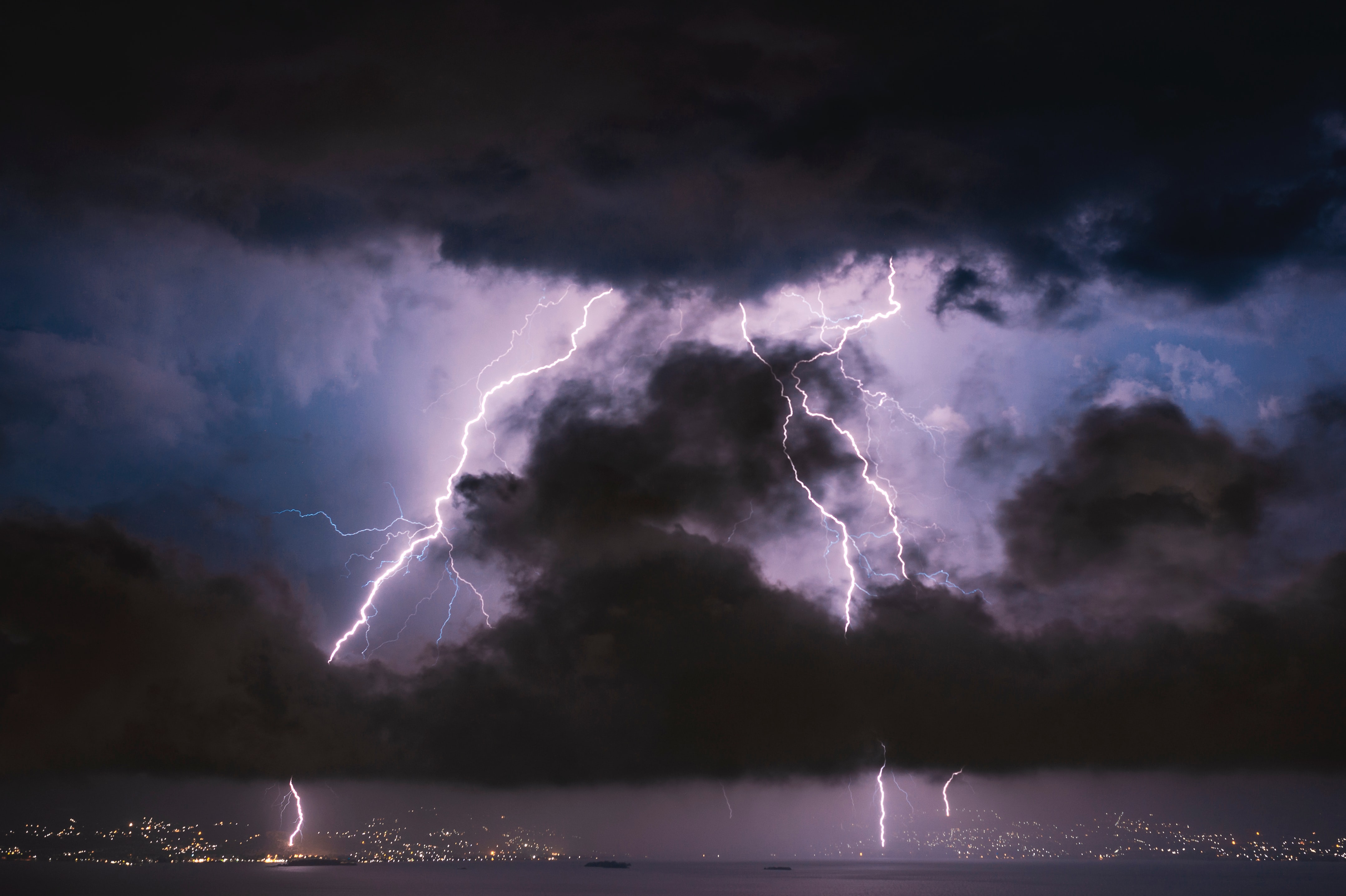 storm, clouds, lightning, sea, night, dark Phone Background