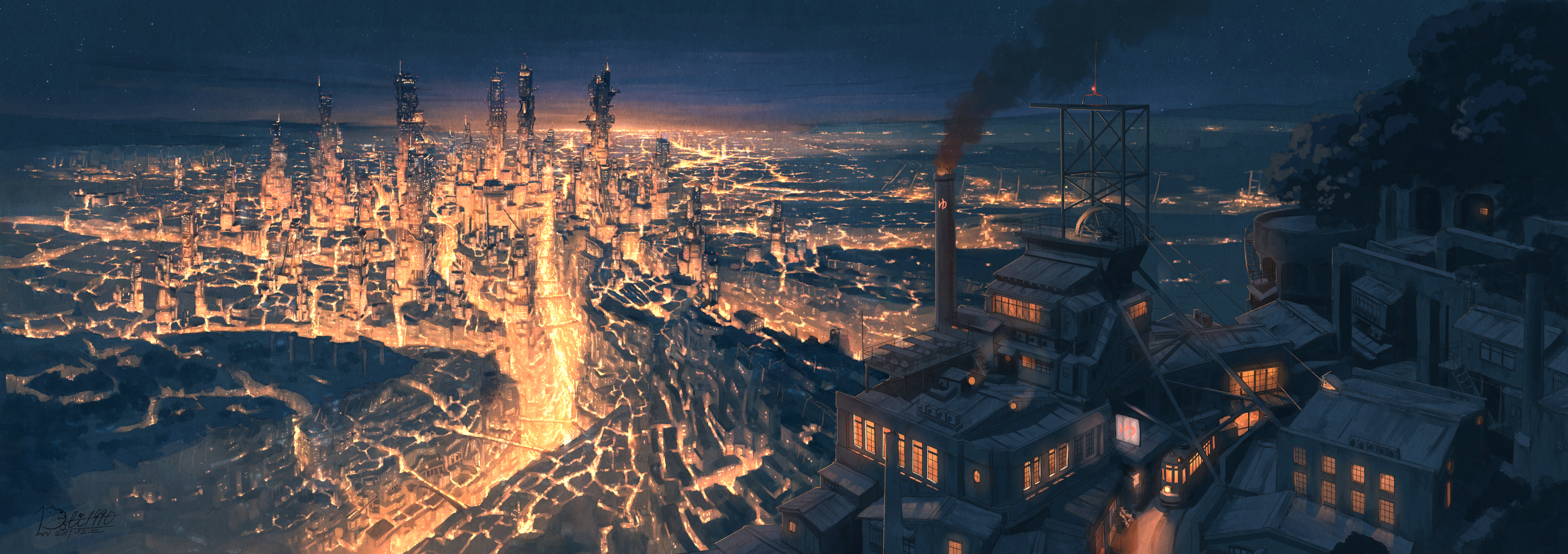 anime, original, city, factory, lava HD wallpaper