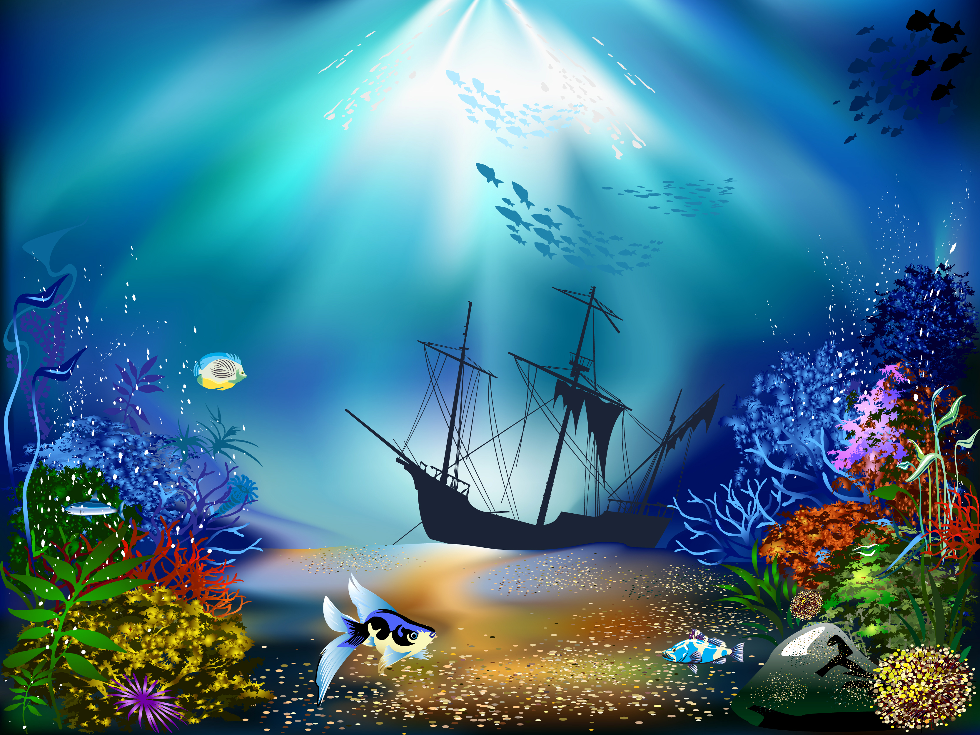 artistic, underwater, boat, coral, fish, ocean, ship QHD