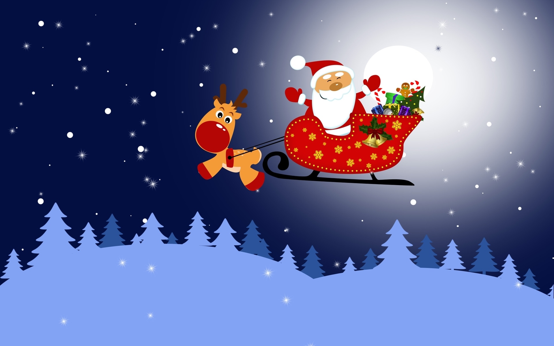 santa claus, holiday, christmas, blue, moon, reindeer, sleigh, snow