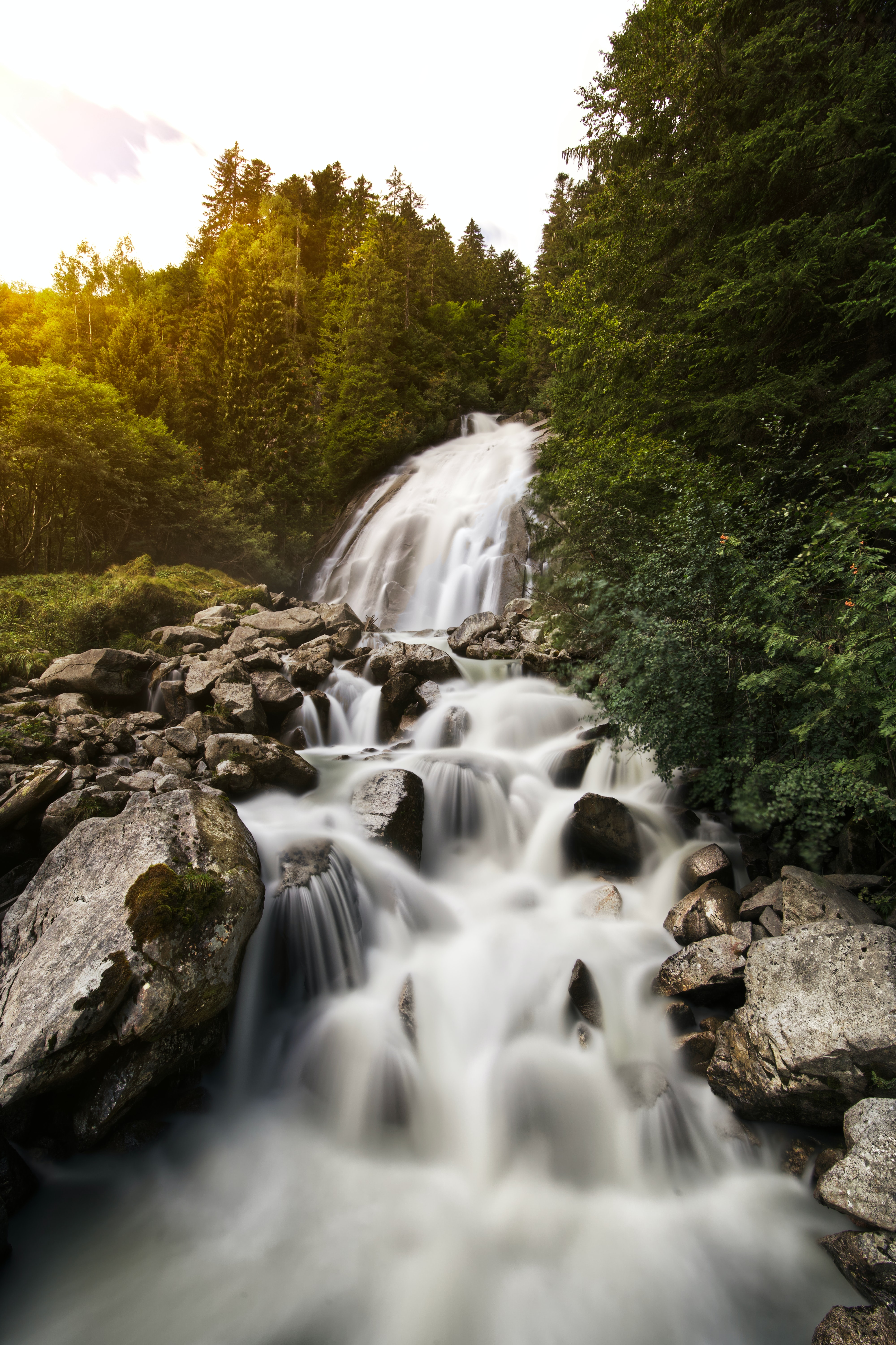 stones, nature, water, trees, rocks, waterfall, flow, stream HD for desktop 1080p