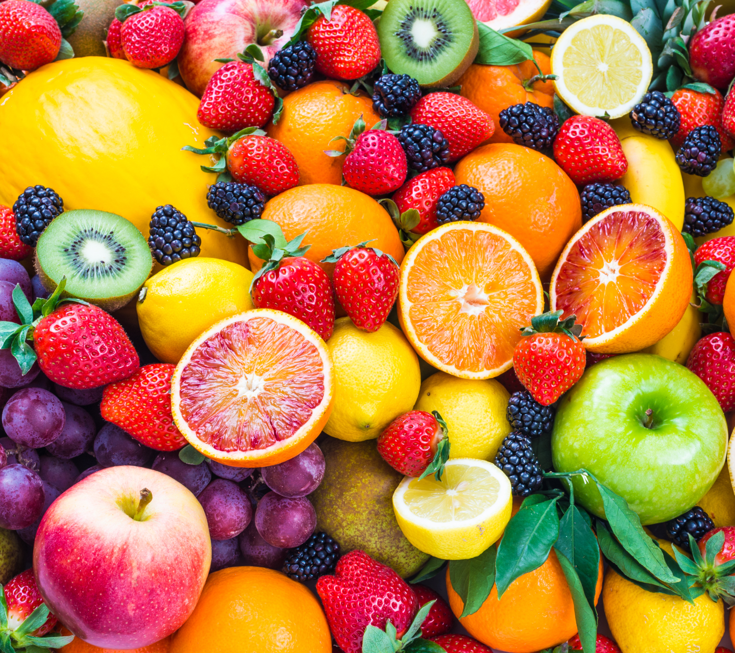 1107829 Bild herunterladen nahrungsmittel, frucht, orange farbe), erdbeere, zitrone, kiwi, brombeere, trauben, früchte - Hintergrundbilder und Bildschirmschoner kostenlos