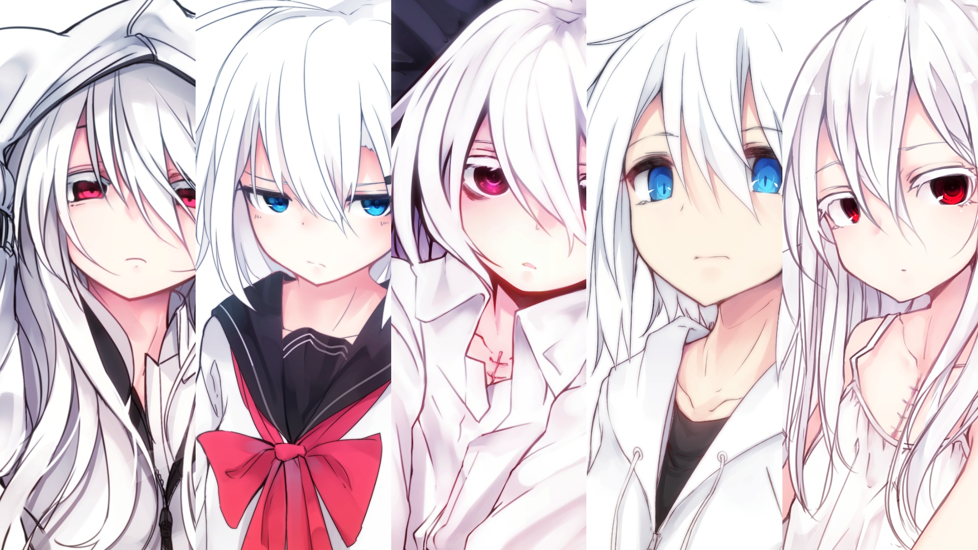 anime, original, blue eyes, hoodie, long hair, red eyes, school uniform, white hair phone background