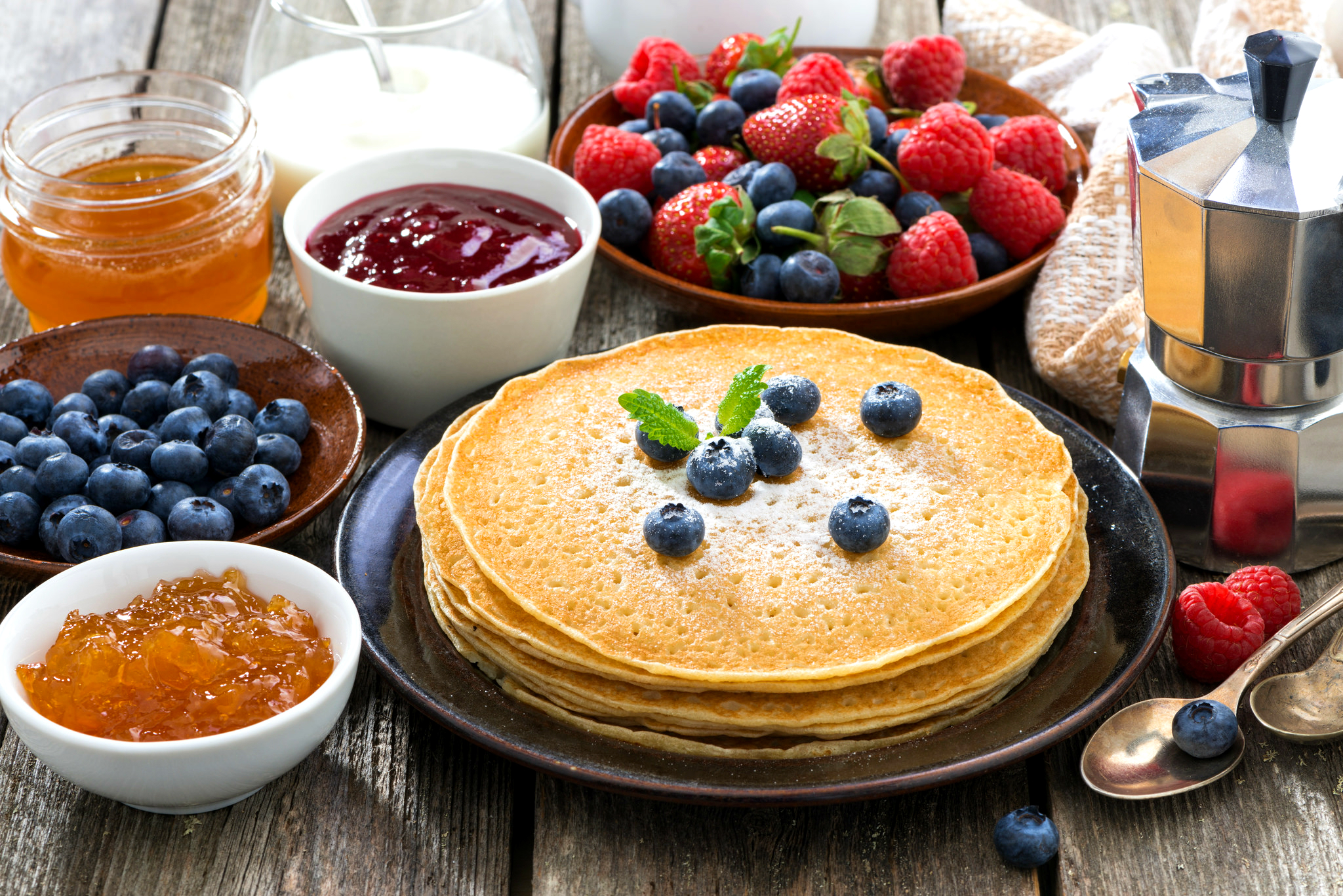 blueberry, breakfast, food, berry, crêpe, jam, pancake, raspberry, strawberry Desktop Wallpaper