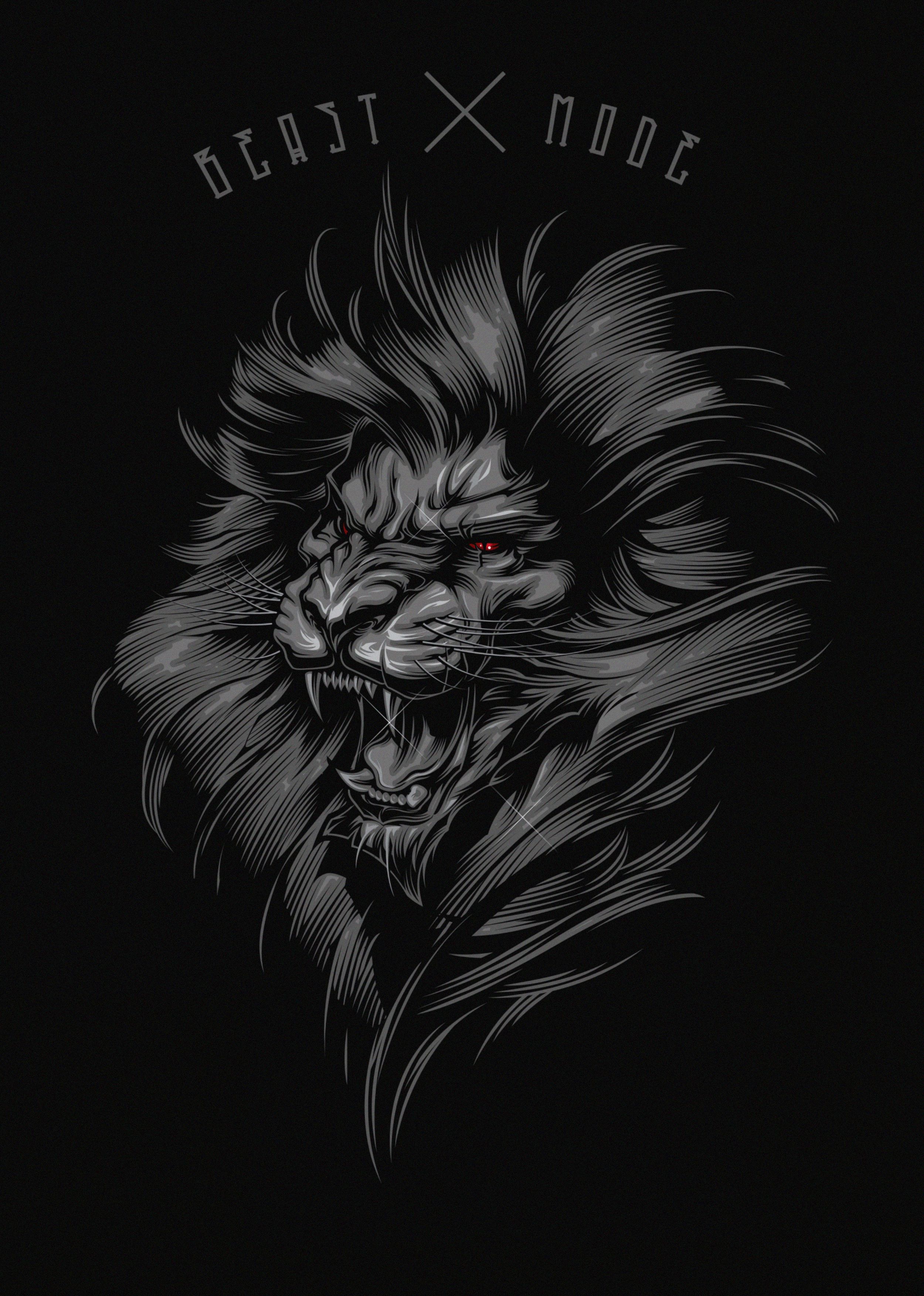 black, lion, grin, art, inscription, grey Phone Background