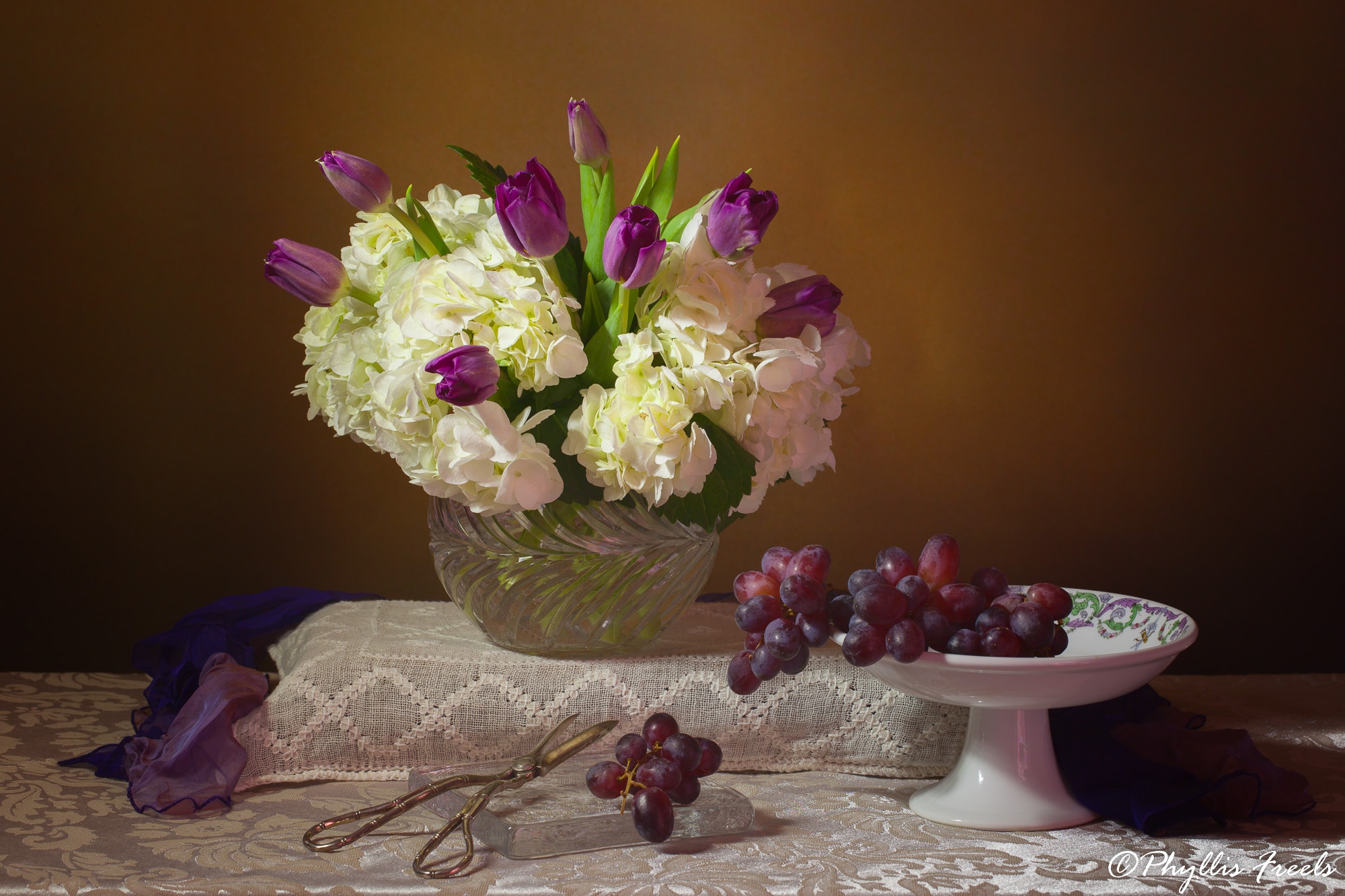 food, still life, bouquet, flower, grapes, hydrangea, scissors, tulip