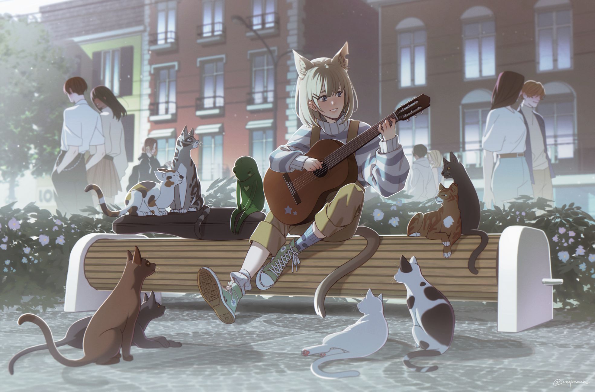 guitar, anime, original, animal ears, bench, cat, people, sneakers HD wallpaper