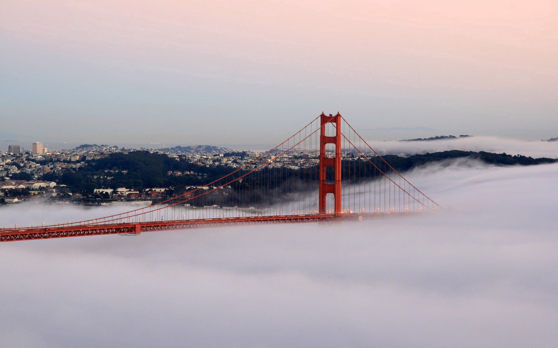 Laden Sie das Gebäude, Brücke, San Francisco, Städte, Nebel-Bild kostenlos auf Ihren PC-Desktop herunter