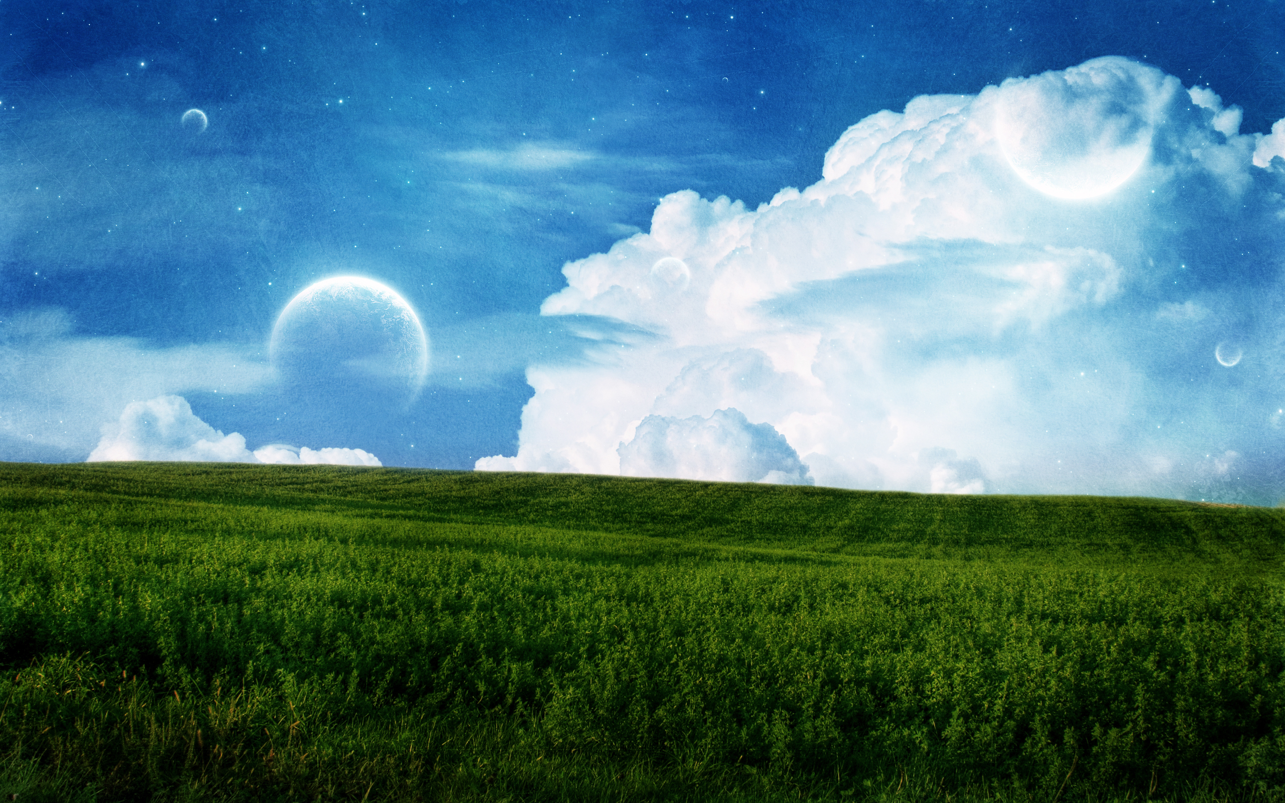 Handy-Wallpaper Landschaft, Clouds, Sky, Mond, Felder, Planets kostenlos herunterladen.