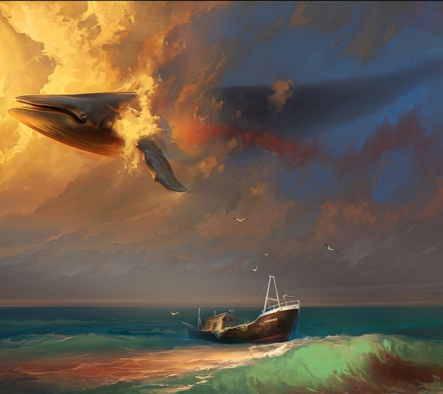 1091669 завантажити картинку художній, кит, сюрреалізм, тріппі, корабель, сюрреалістичний, фантазійні тварини - шпалери і заставки безкоштовно