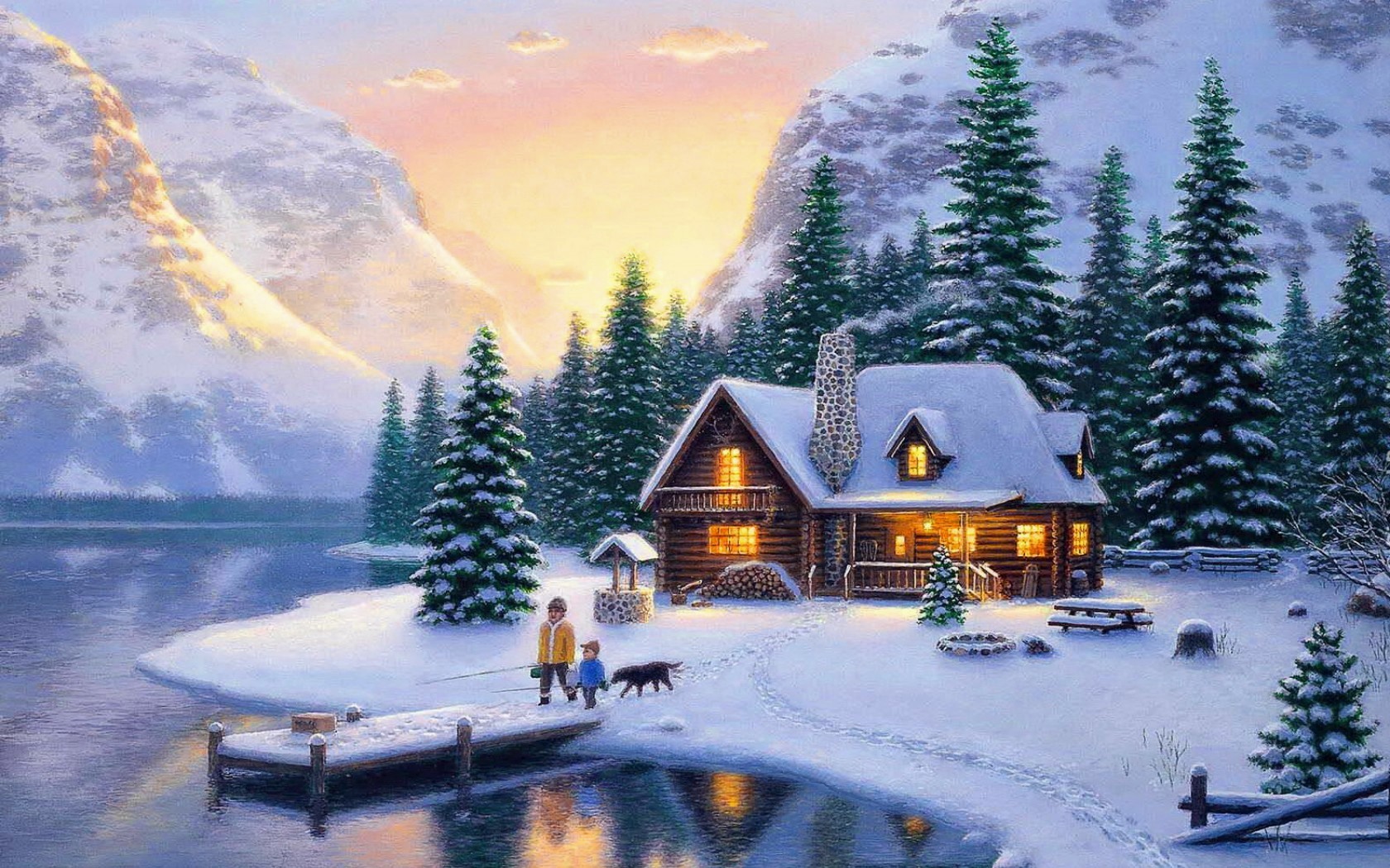 Зимний пейзаж с домиком в лесу
