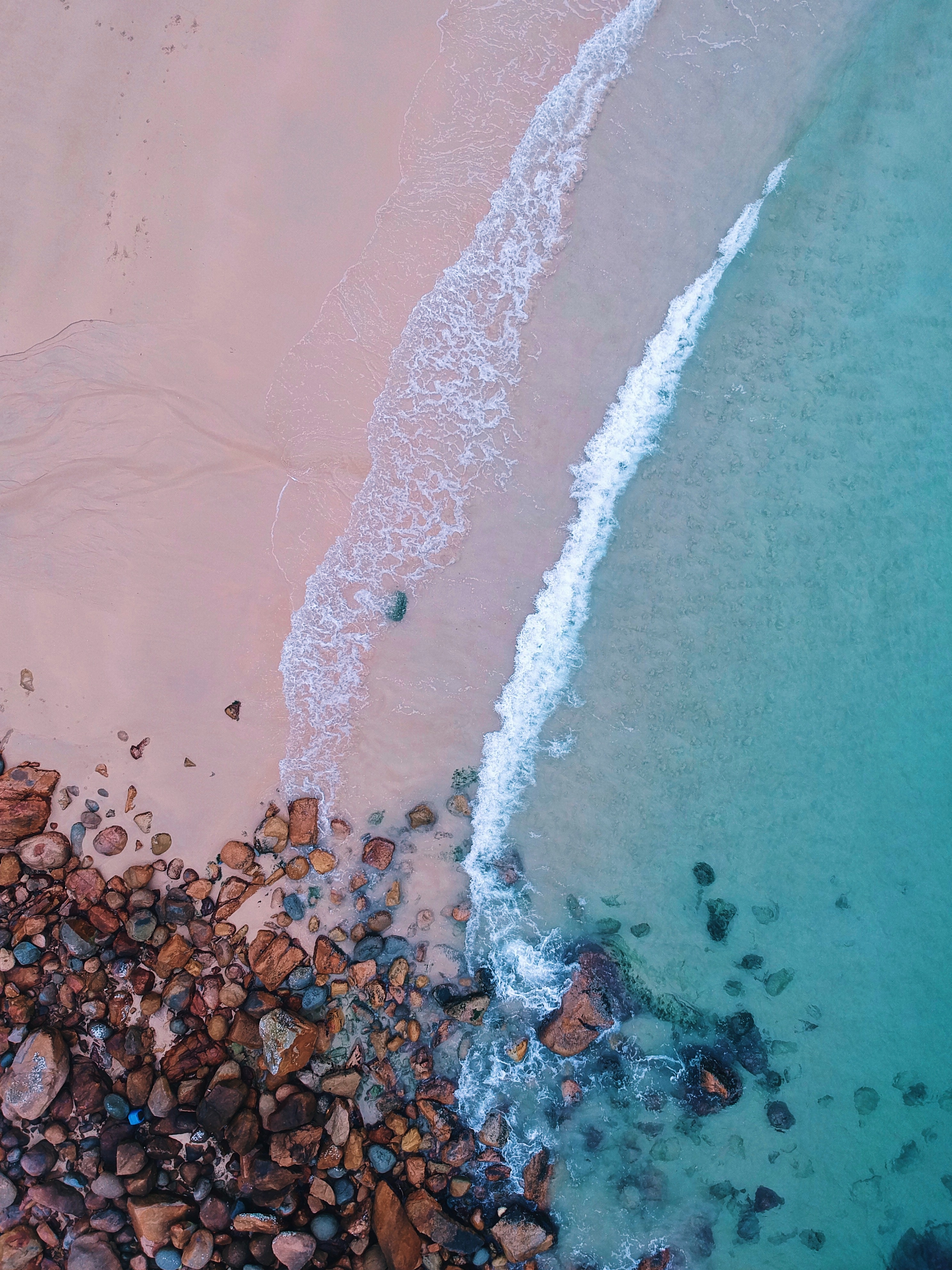 Mobile wallpaper nature, beach, ocean, view from above, surf, sand, stones, foam