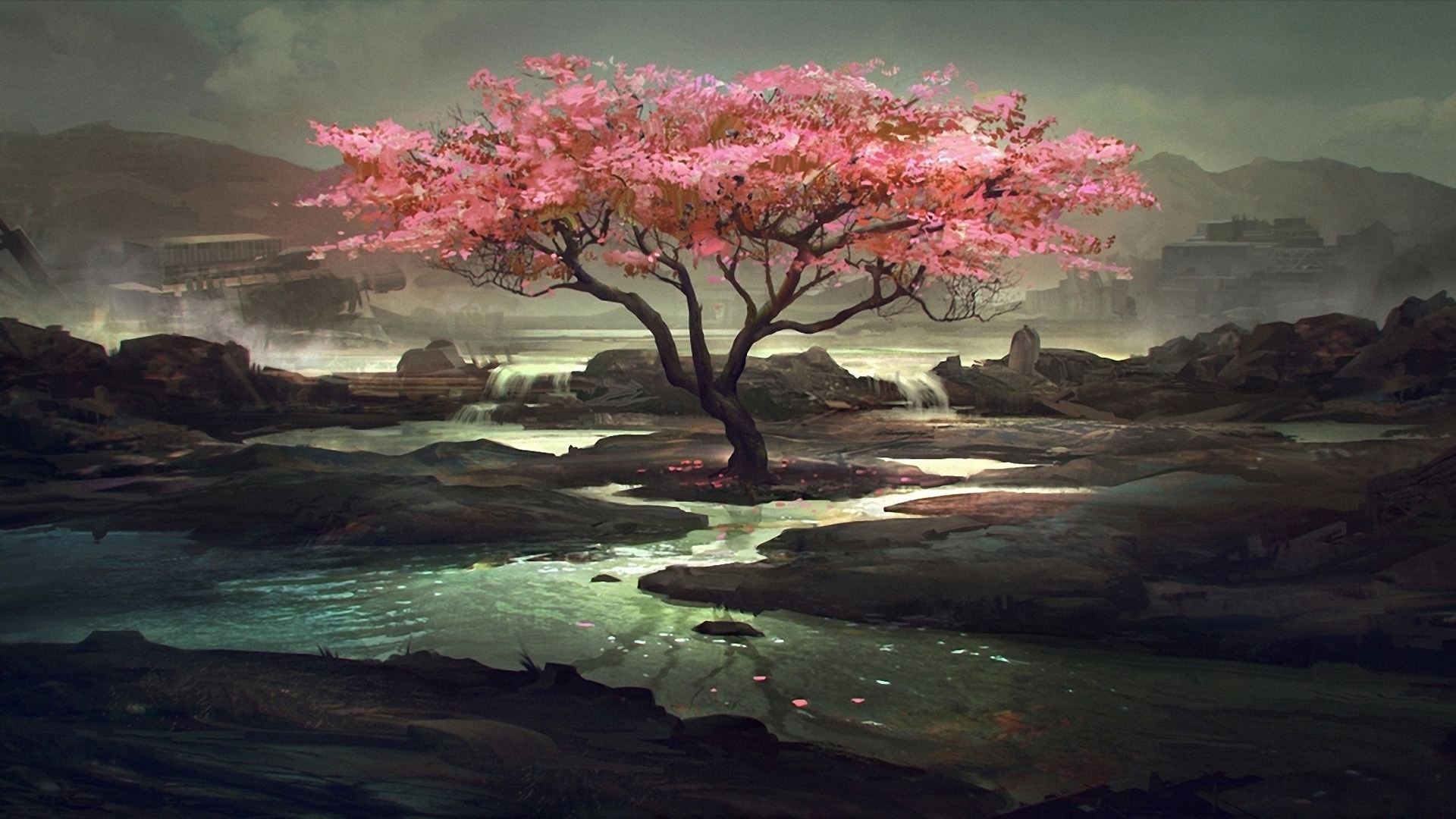flower, oriental, landscape, artistic, lake, scenic, tree