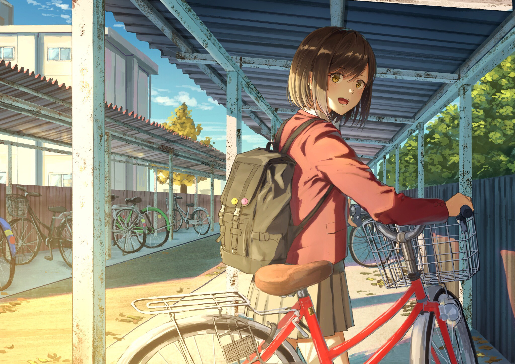 871751 Hintergrundbild herunterladen animes, original, fahrrad, schuluniform, schülerin, kurzes haar, sonnenlicht - Bildschirmschoner und Bilder kostenlos