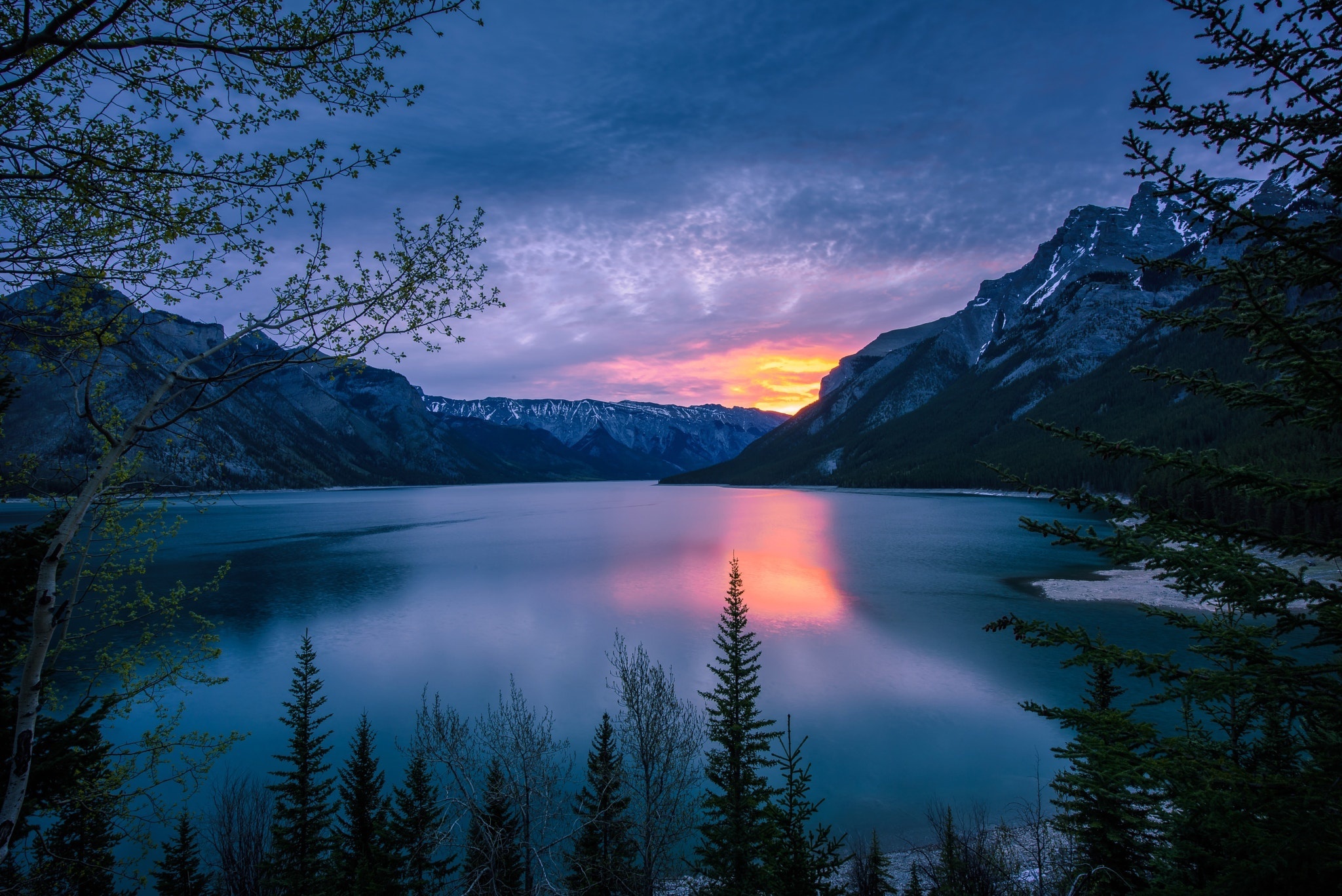 canada, sunset, earth, lake, alberta, mountain, nature, lakes 5K
