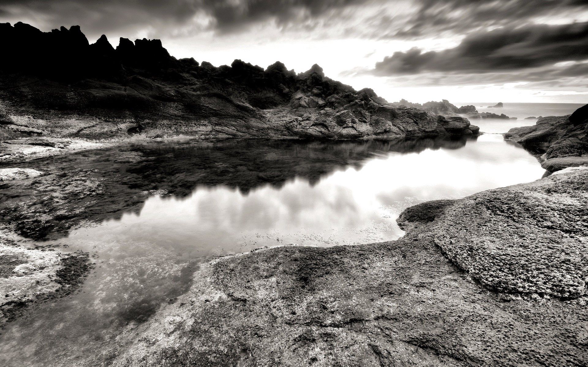black and white, nature, stones, sea, rocks, shore, bank, despondency