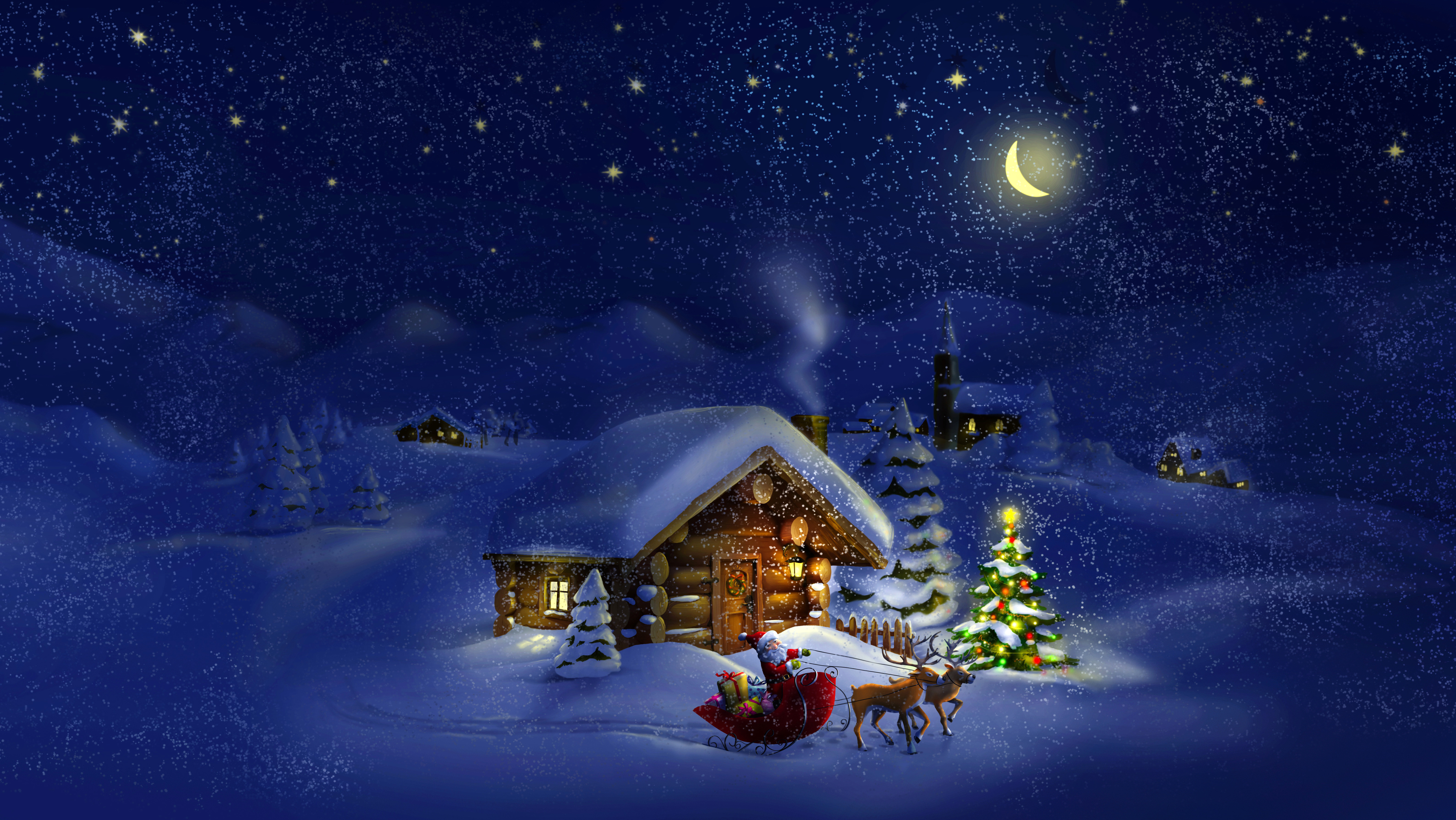 night, christmas, snow, reindeer, snowfall, holiday, christmas tree, sleigh, santa, cabin