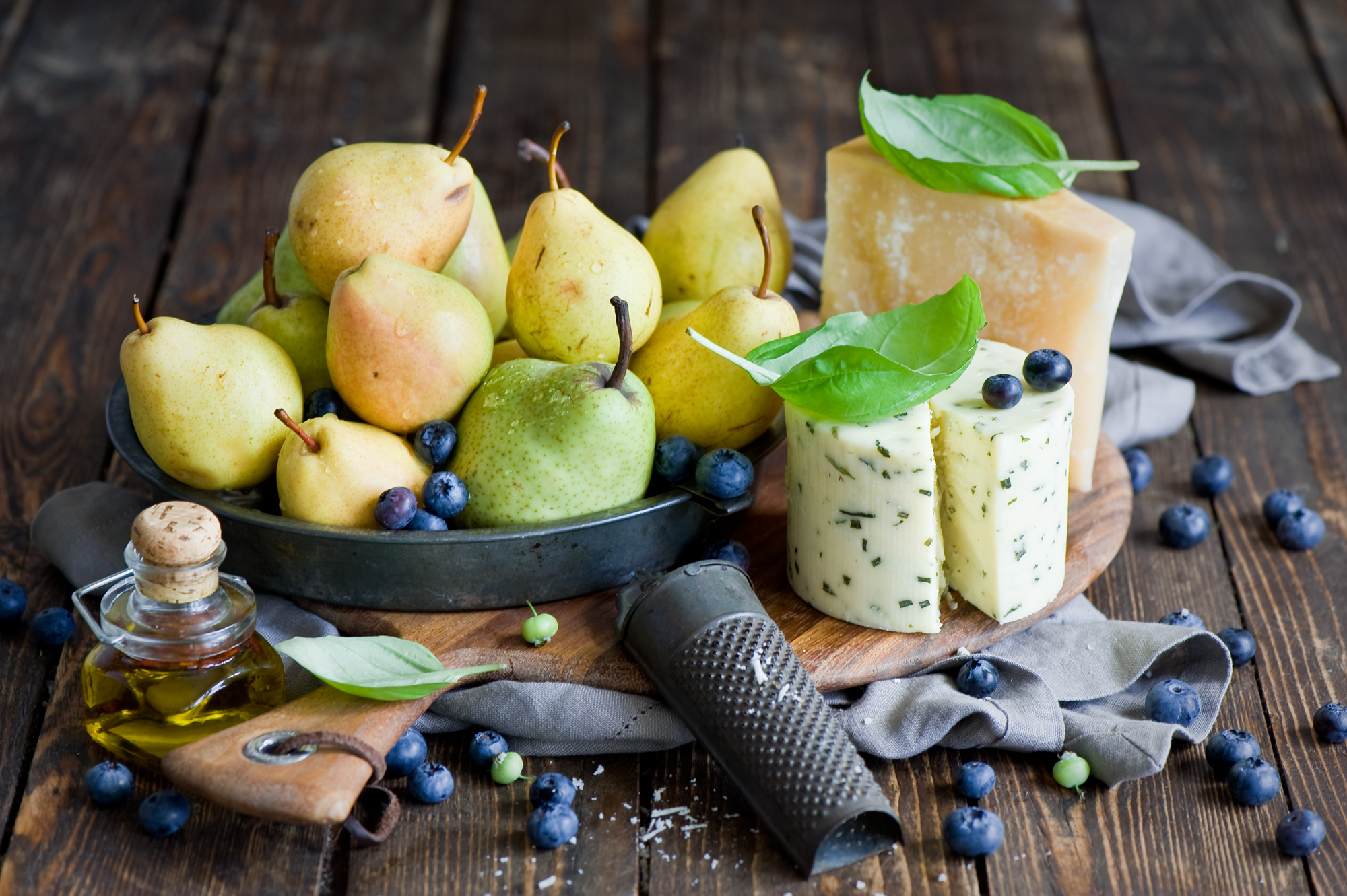 still life, food, pears, cheese, blueberry, berries UHD