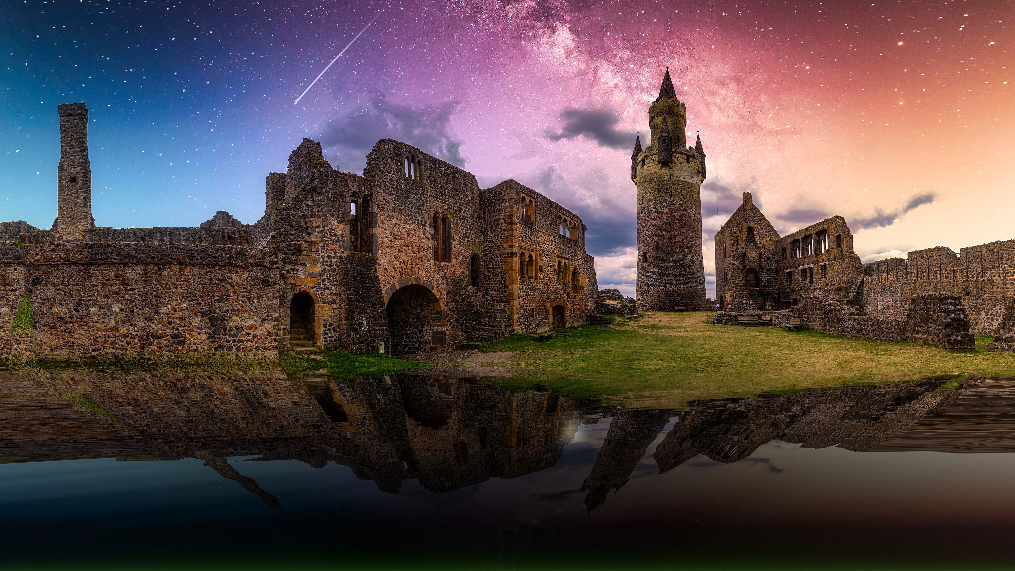 man made, ruin, architecture, castle, cloud, fortress, night, reflection, starry sky, stars Full HD