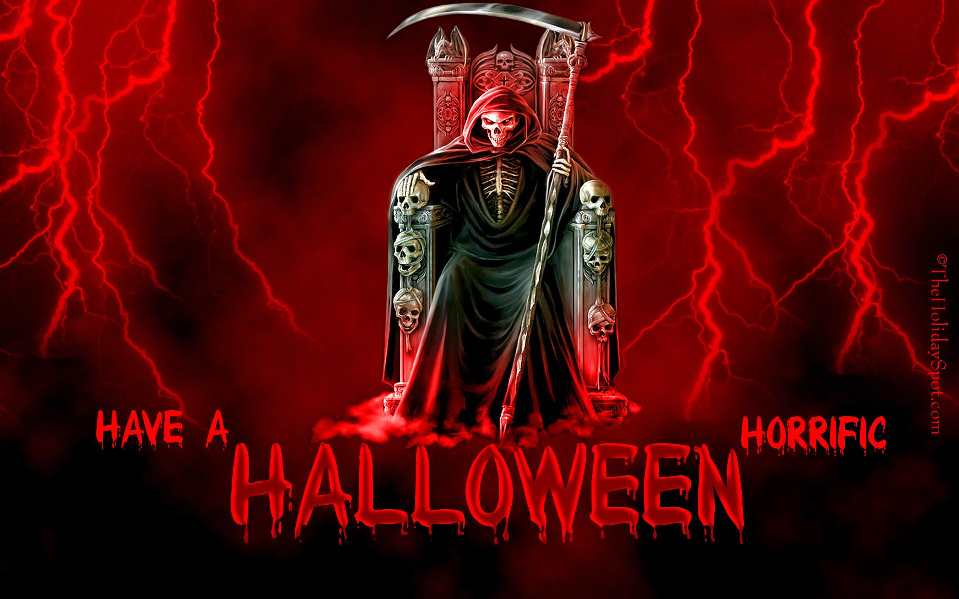 holiday, halloween, grim reaper, lightning, red, scythe, throne
