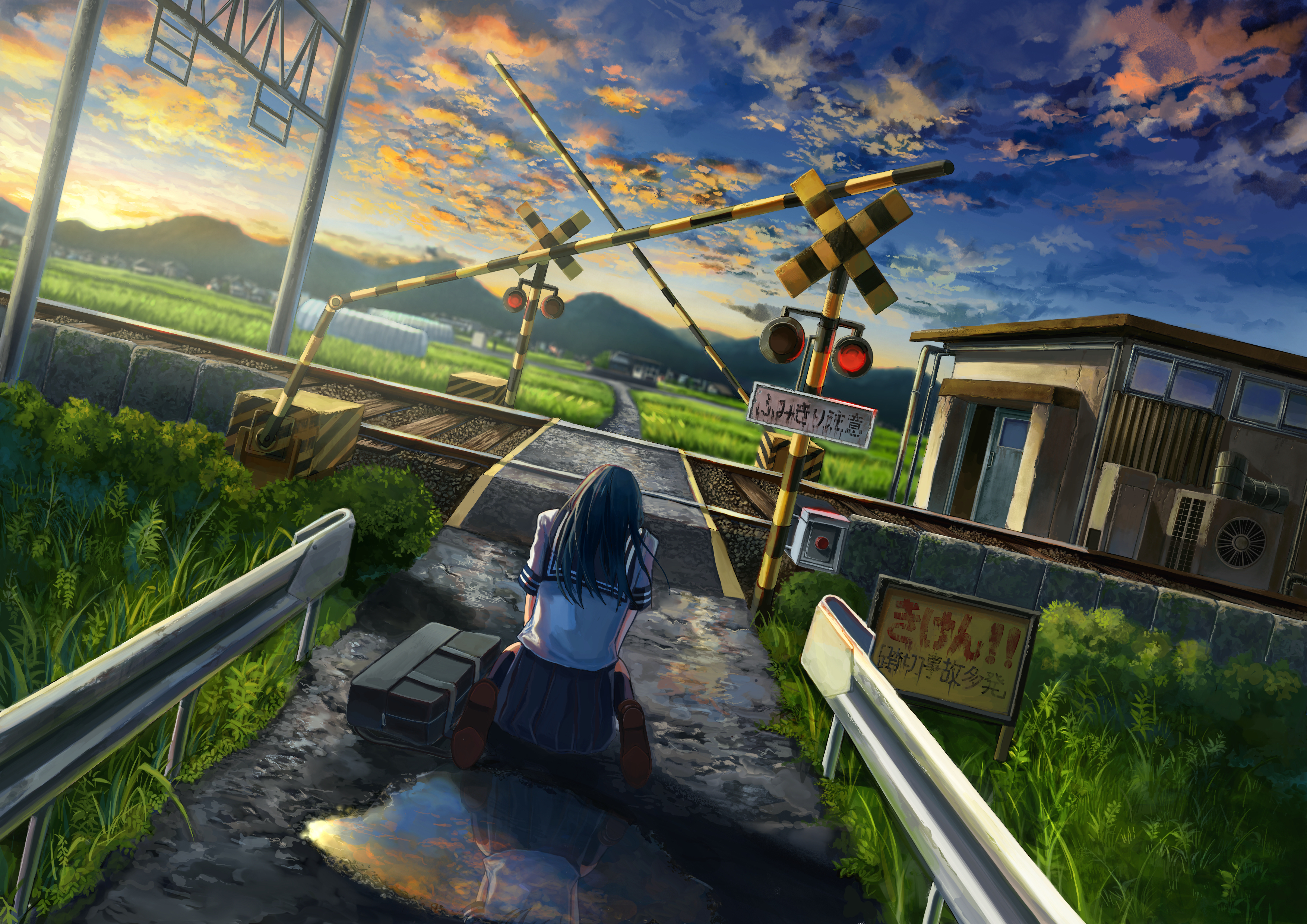 anime, original, puddle, railroad, sky, street